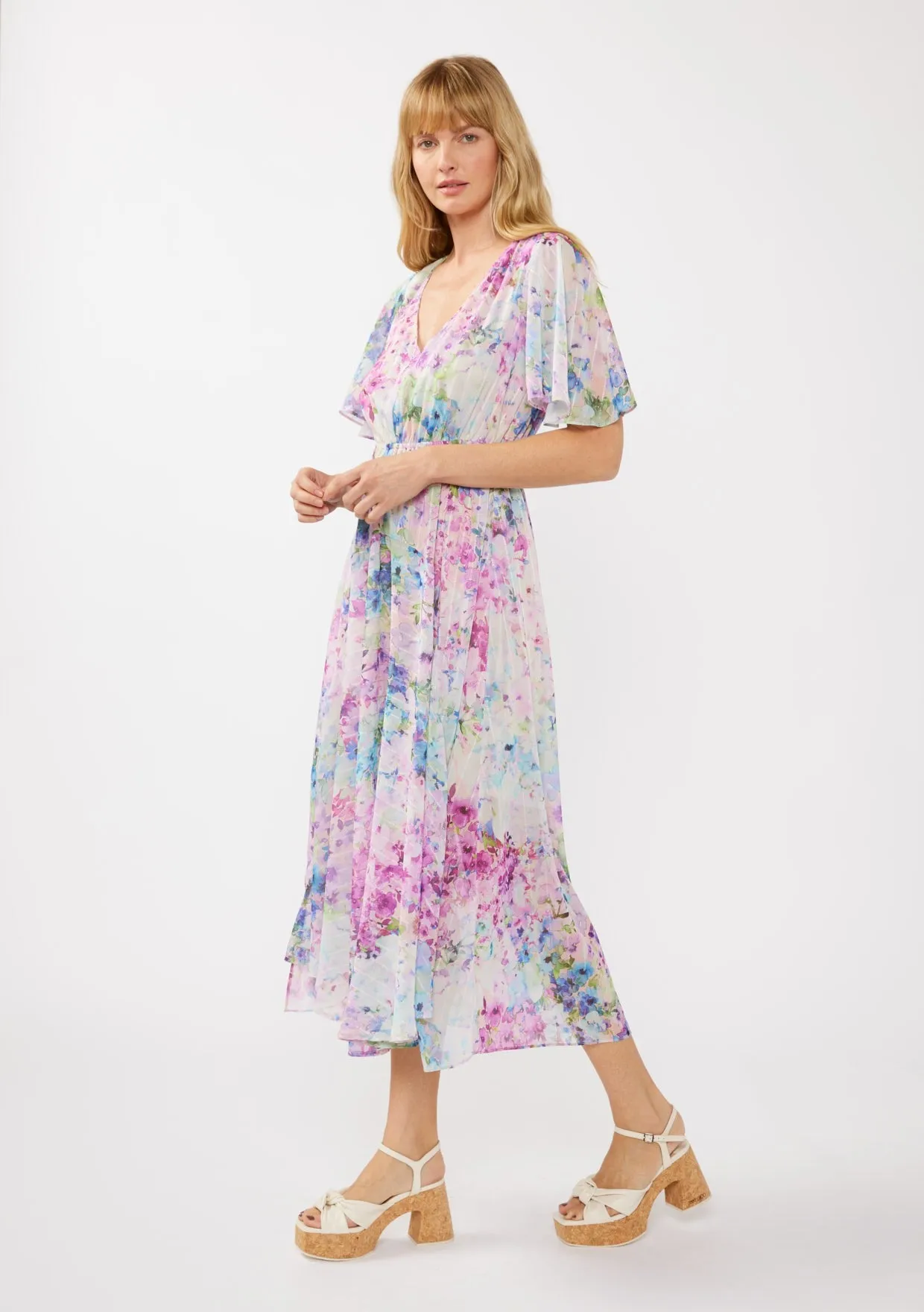 Light Pink Watercolor Floral Flutter Sleeve Midi Dress sold by Pinkblush product image thumbnail 3