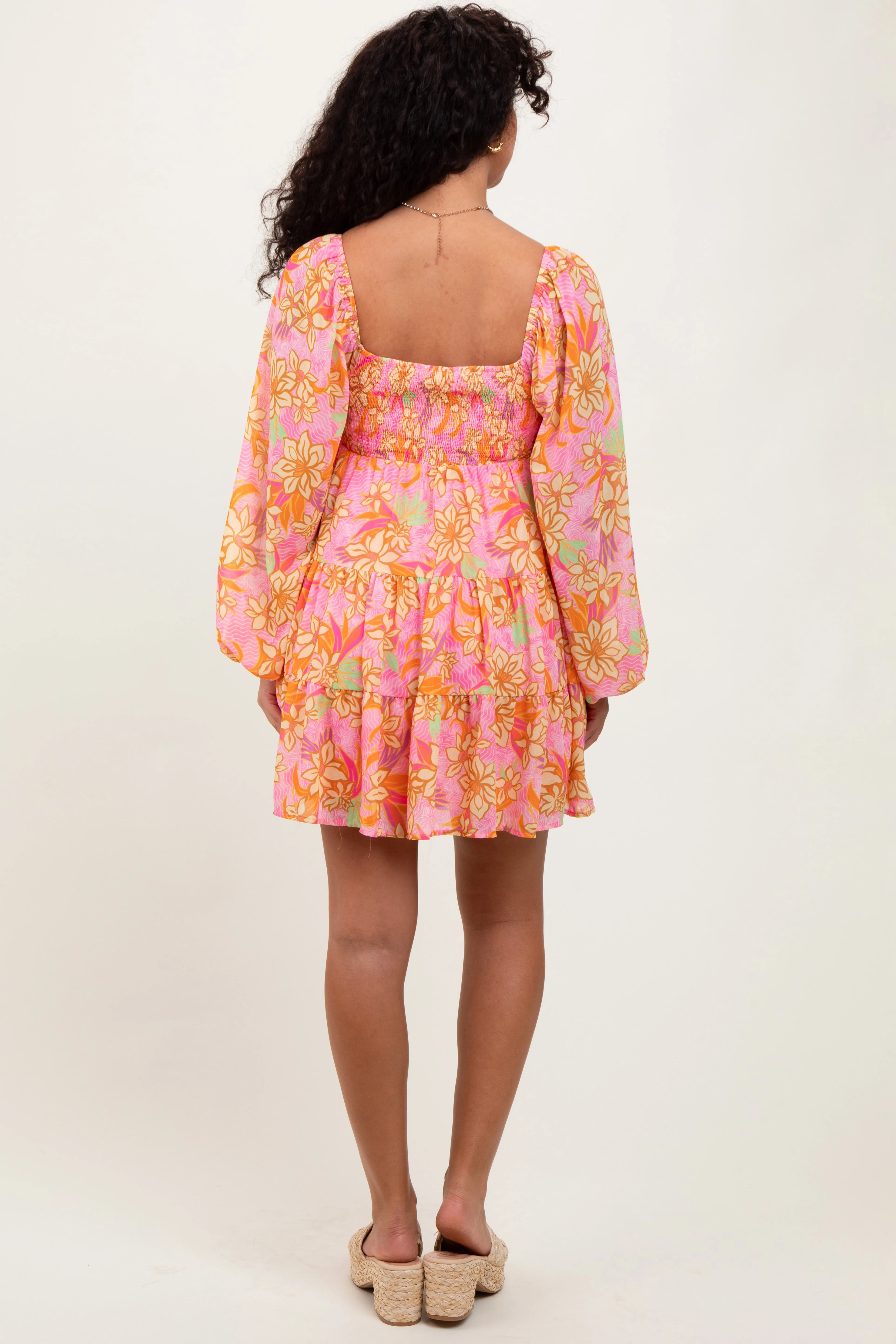 Pink Floral Smocked Bubble Sleeve Dress sold by Pinkblush product image thumbnail 4