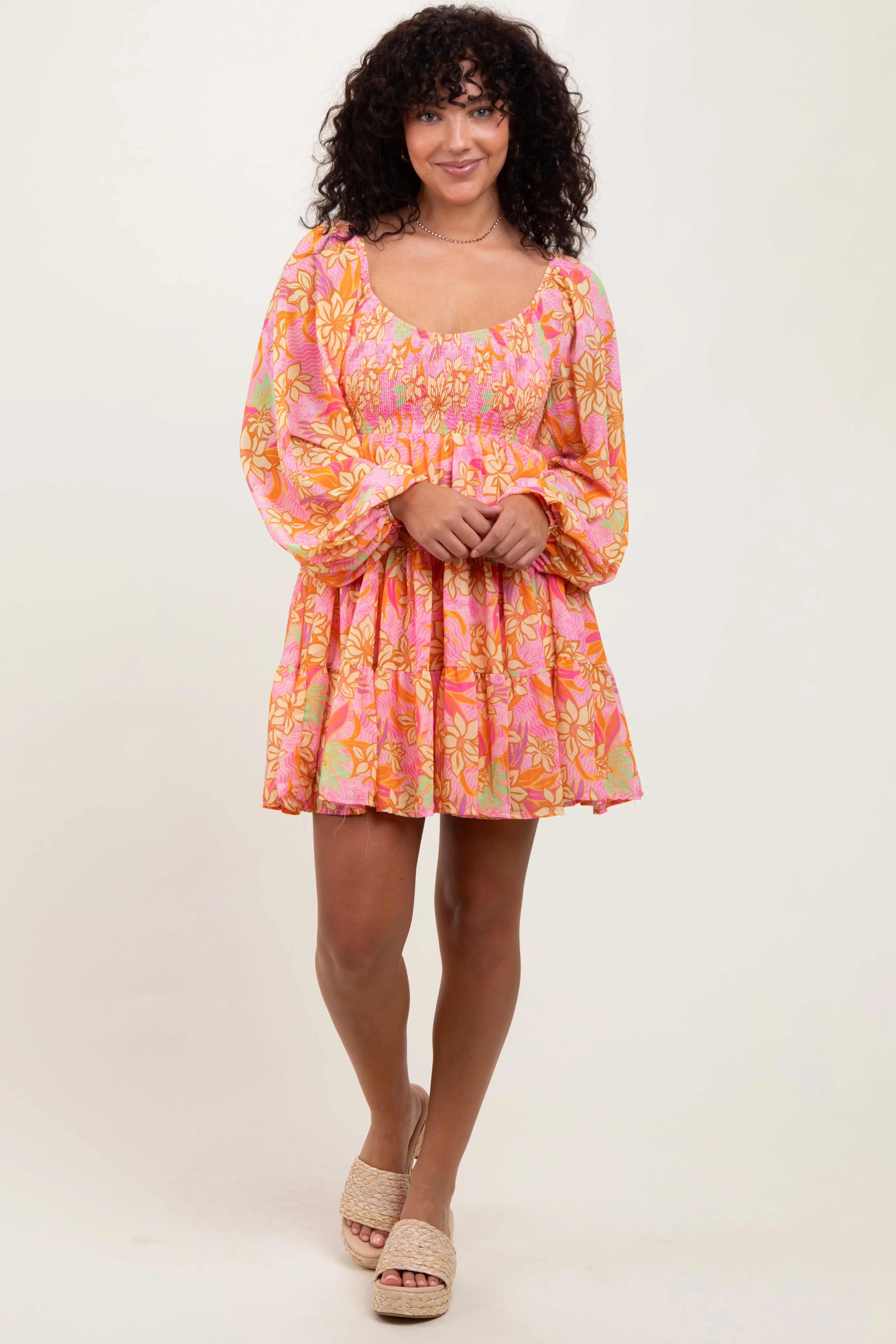 Pink Floral Smocked Bubble Sleeve Dress sold by Pinkblush product image thumbnail 2