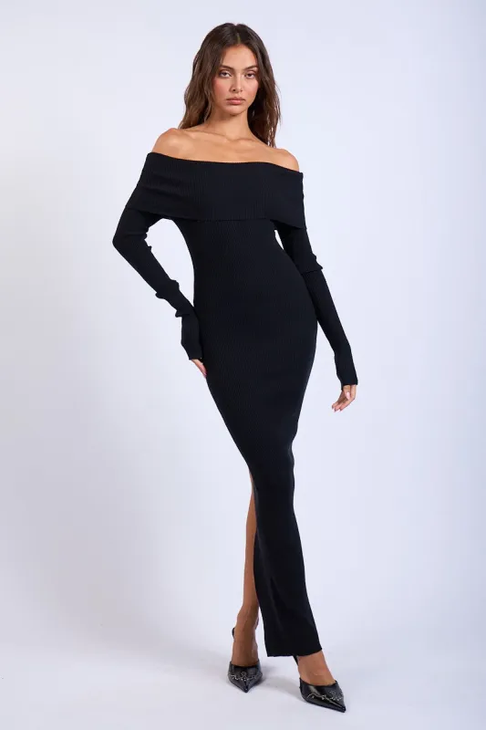 Black Ribbed Knit Off Shoulder Side Slit Sweater Dress sold by Pinkblush