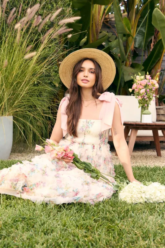 Cream Floral Smocked Shoulder Tie Ruffled Midi Dress sold by Pinkblush