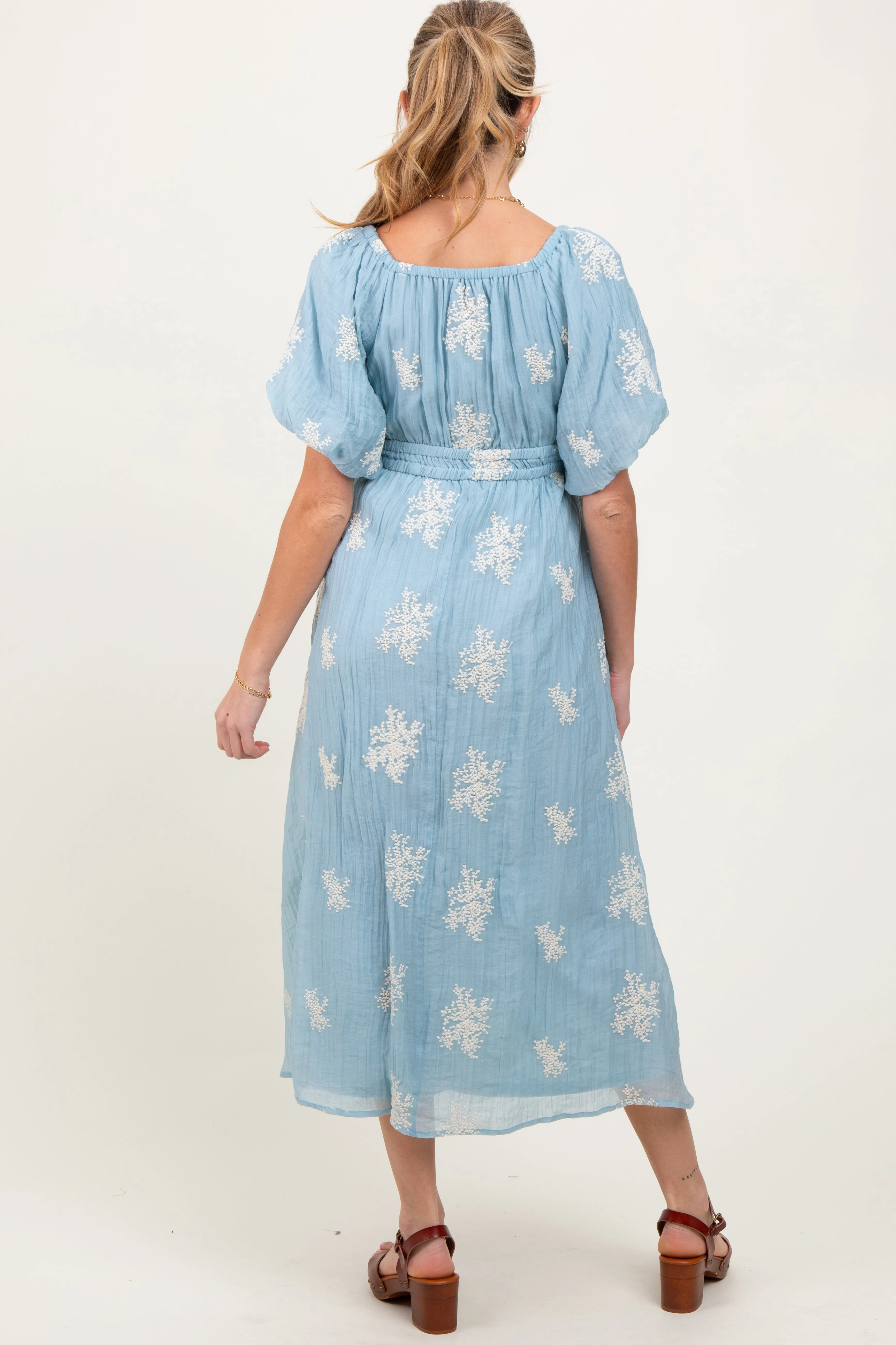 Light Blue Floral Embroidered Puff Sleeve Maternity Midi Dress sold by Pinkblush product image thumbnail 3