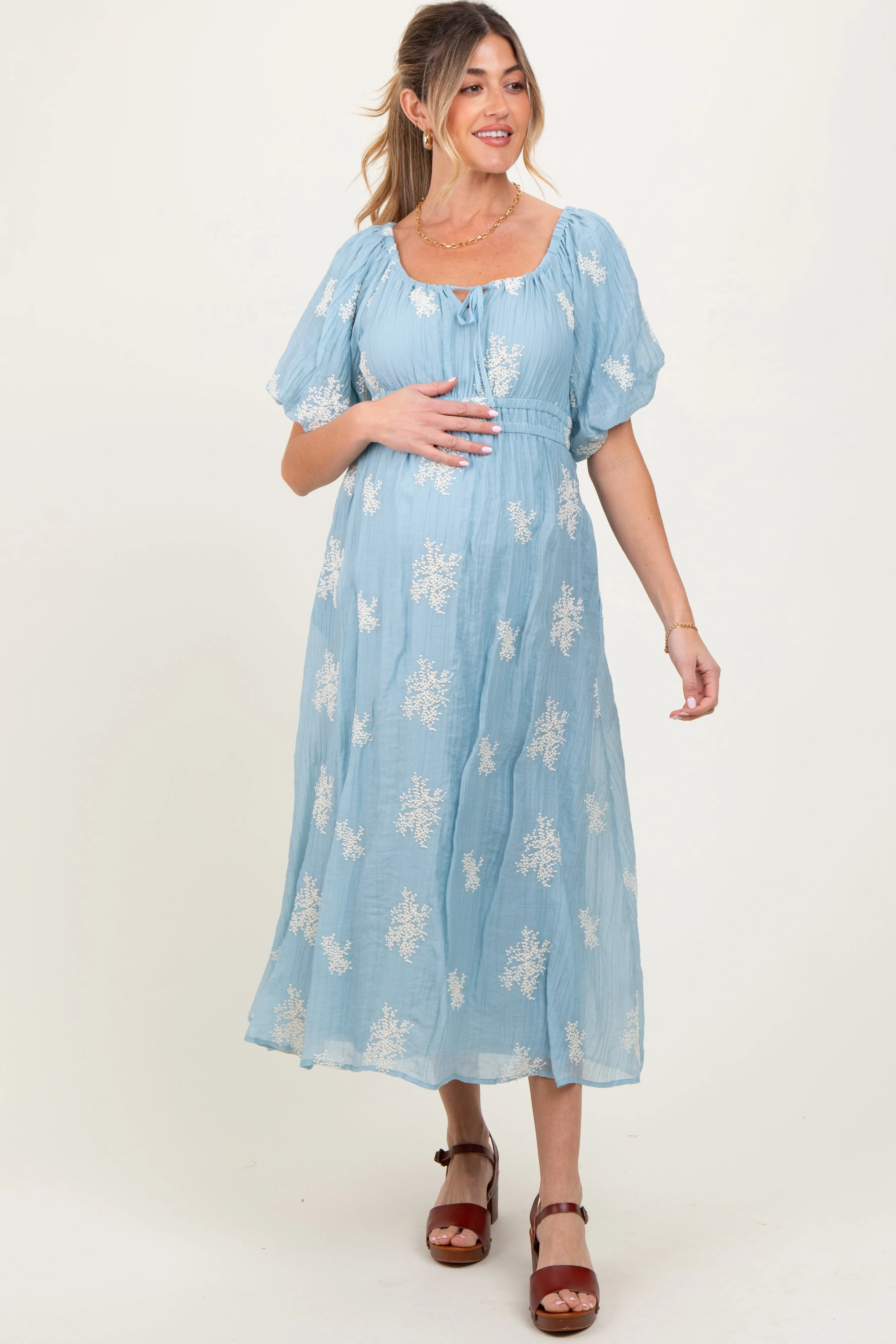 Light Blue Floral Embroidered Puff Sleeve Maternity Midi Dress sold by Pinkblush