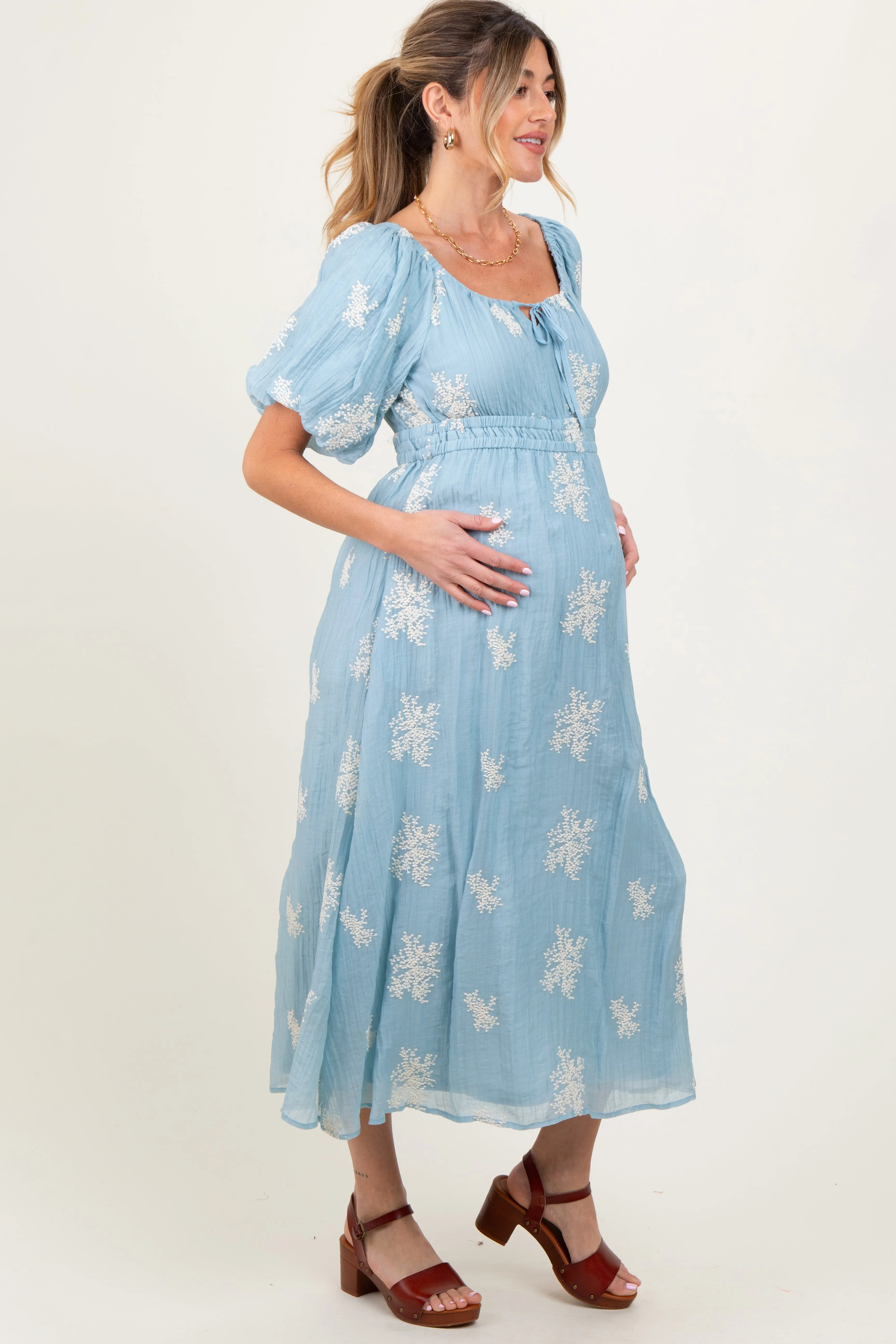 Light Blue Floral Embroidered Puff Sleeve Maternity Midi Dress sold by Pinkblush product image thumbnail 2