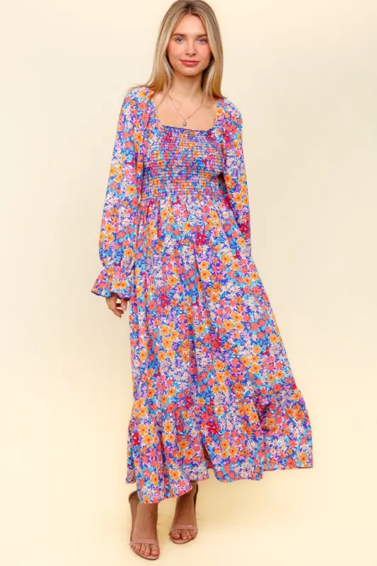 Lavender/Coral Smocking Fit And Flare Maxi With Side Pockets sold by Pinkblush