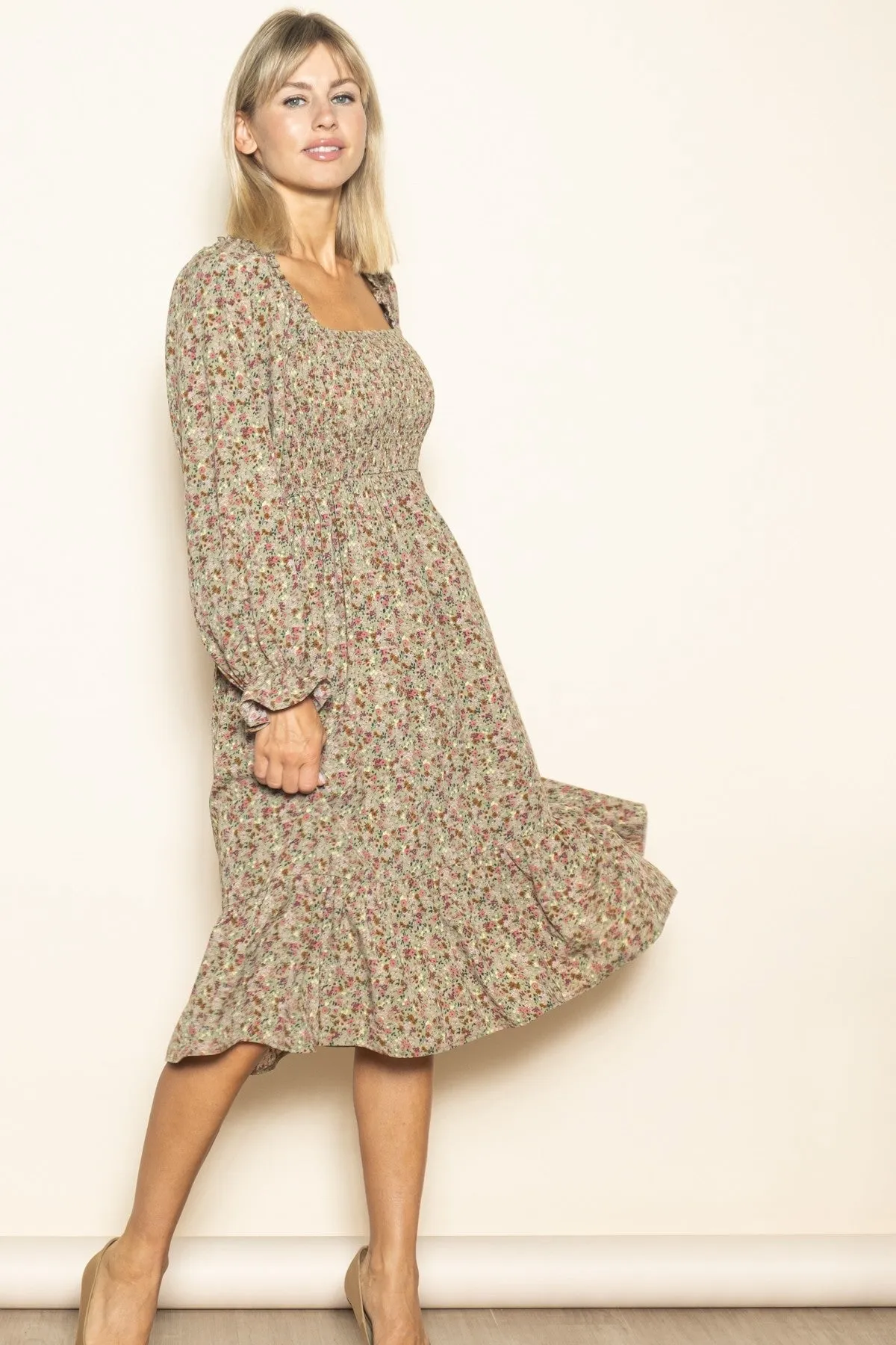 Olive Floral Smocked Velvet Back Tie Midi Dress sold by Pinkblush product image thumbnail 2
