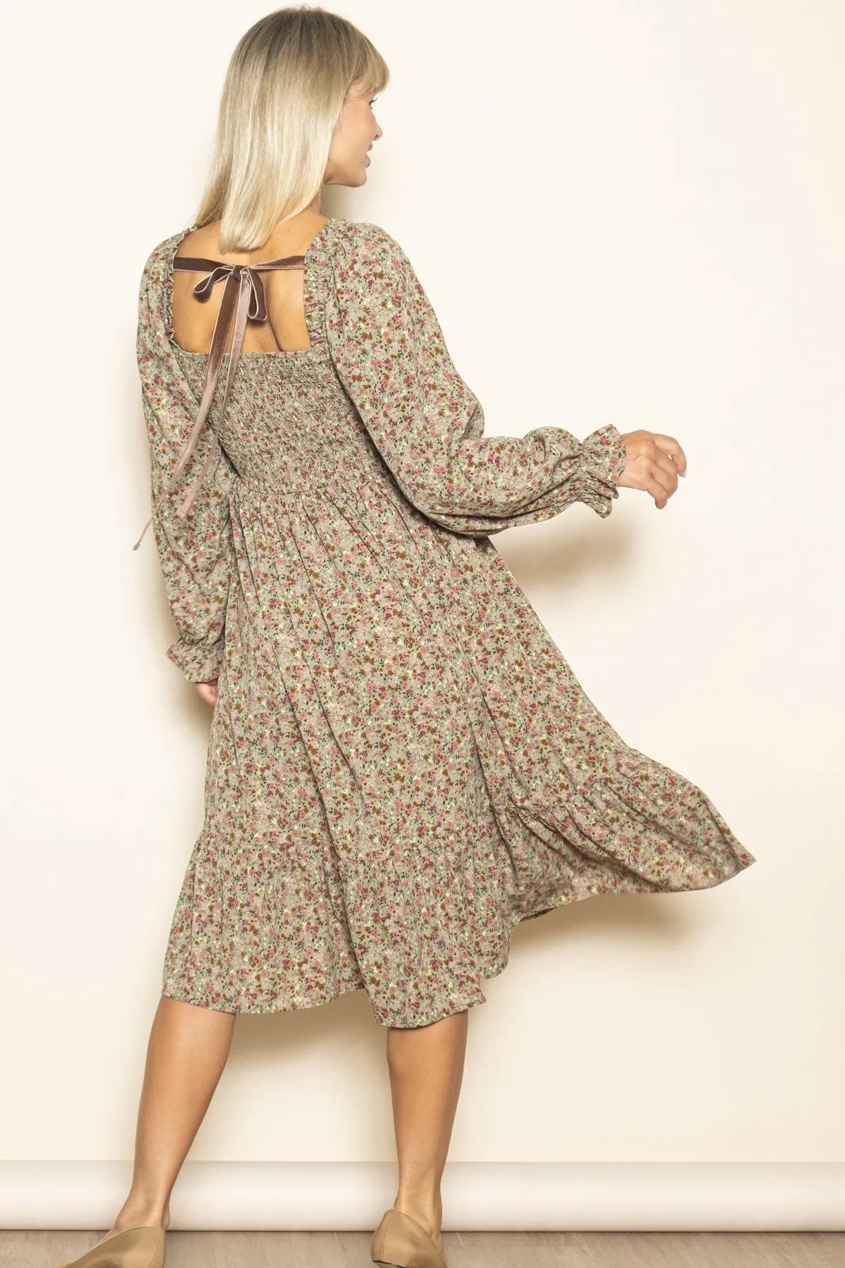 Olive Floral Smocked Velvet Back Tie Midi Dress sold by Pinkblush product image thumbnail 3