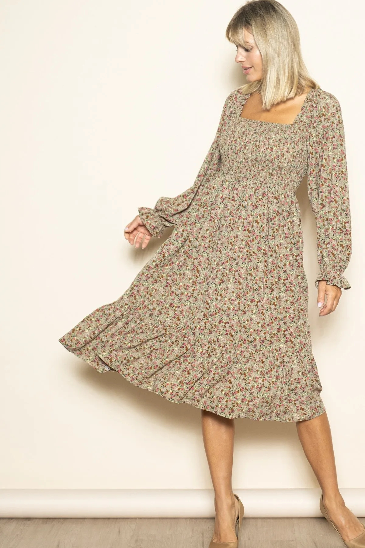 Olive Floral Smocked Velvet Back Tie Midi Dress sold by Pinkblush