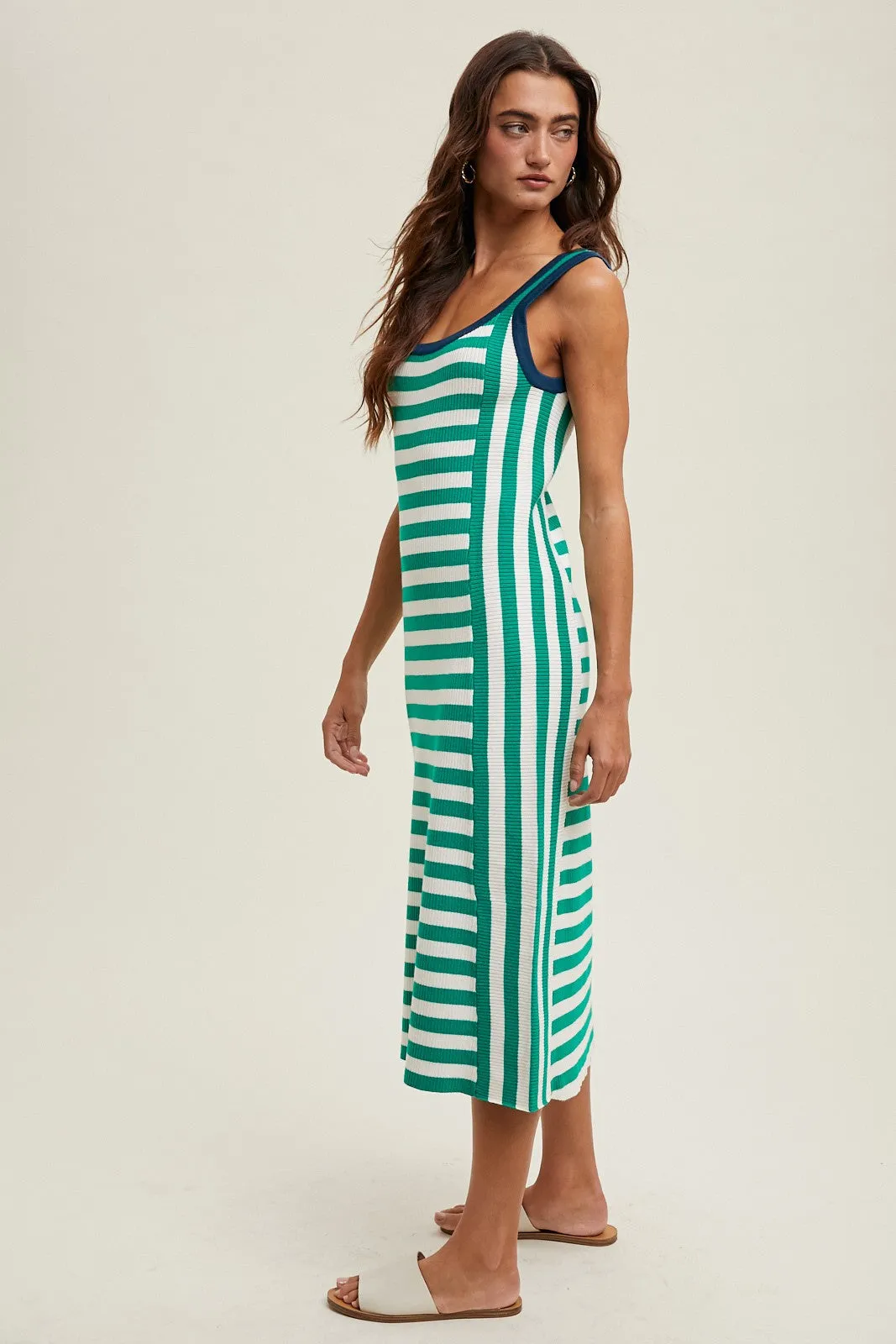 Green Mixed Stripe Ribbed Knit Sleeveless Midi Dress sold by Pinkblush product image thumbnail 2