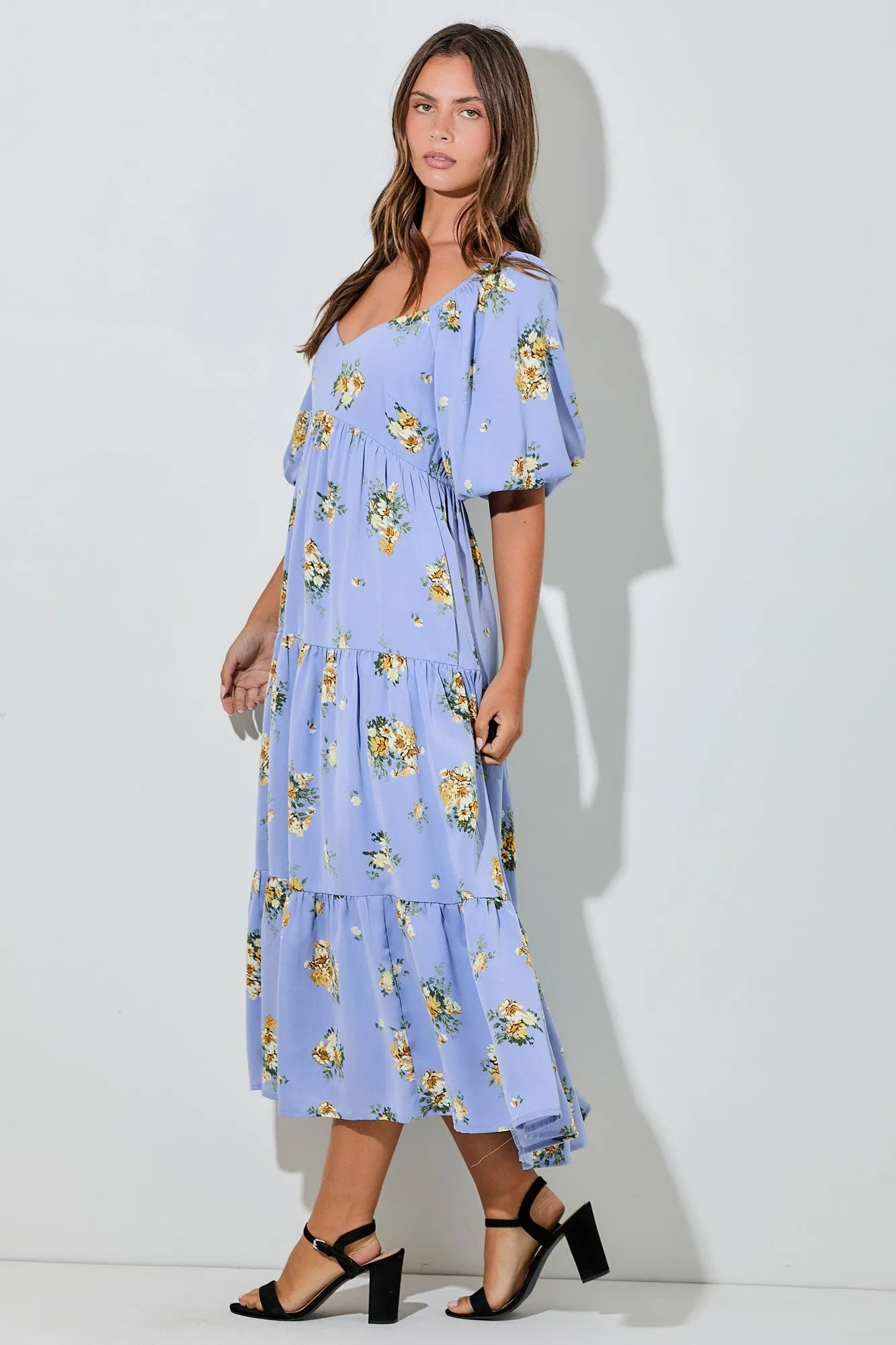Light Blue Floral Puff Sleeve Tiered Maxi Dress sold by Pinkblush product image thumbnail 2