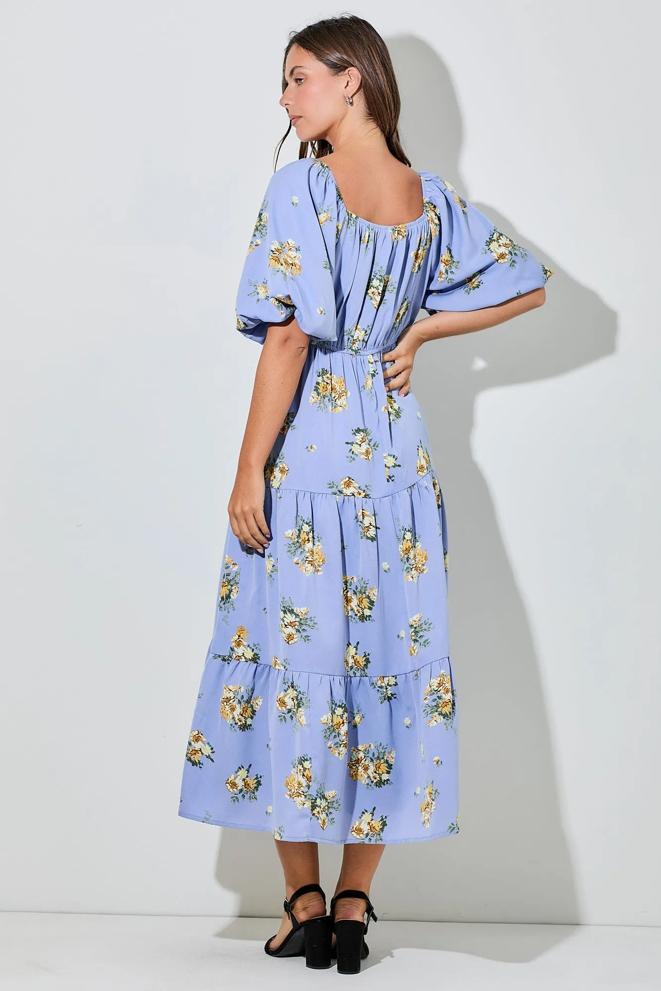 Light Blue Floral Puff Sleeve Tiered Maxi Dress sold by Pinkblush product image thumbnail 3