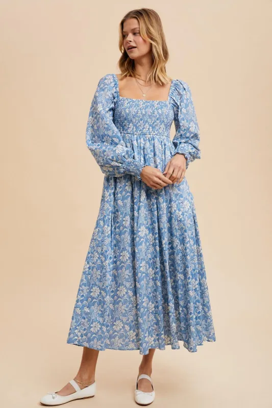 Light Blue Smocked Cotton Floral Maxi Dress sold by Pinkblush
