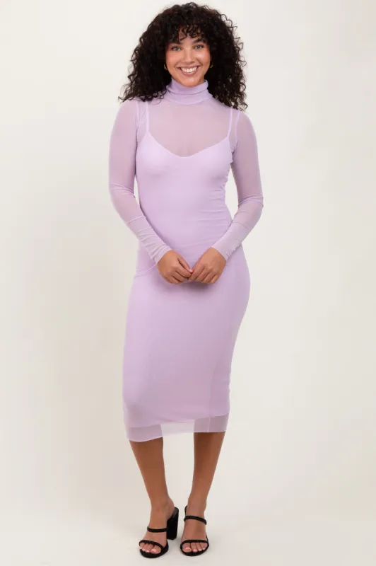 Lavender Mesh Overlay Fitted Midi Dress sold by Pinkblush