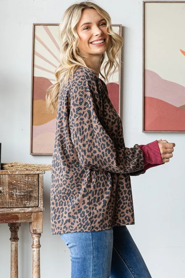 Brown Ribbed Animal Print Contrast Trim Pullover sold by Pinkblush product image thumbnail 3