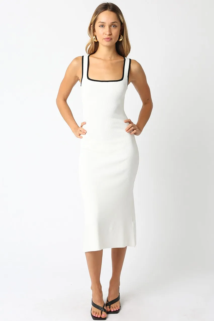 White Knit Contrast Trim Square Neck Midi Dress sold by Pinkblush