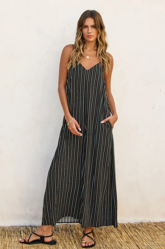 Black Striped Wide Leg Sleeveless Jumpsuit sold by Pinkblush