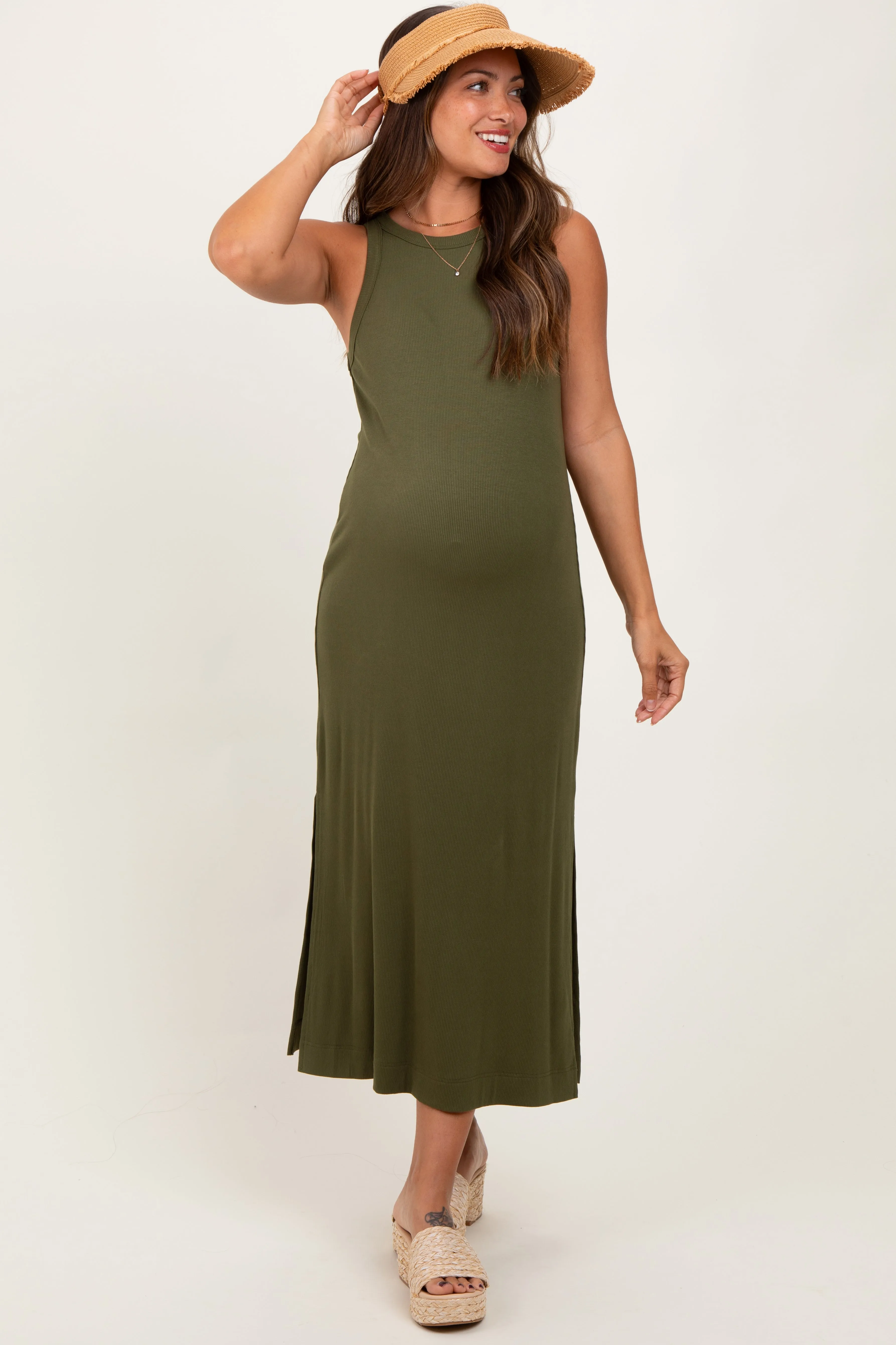 Olive Sleeveless Side Slit Maternity Midi Dress sold by Pinkblush