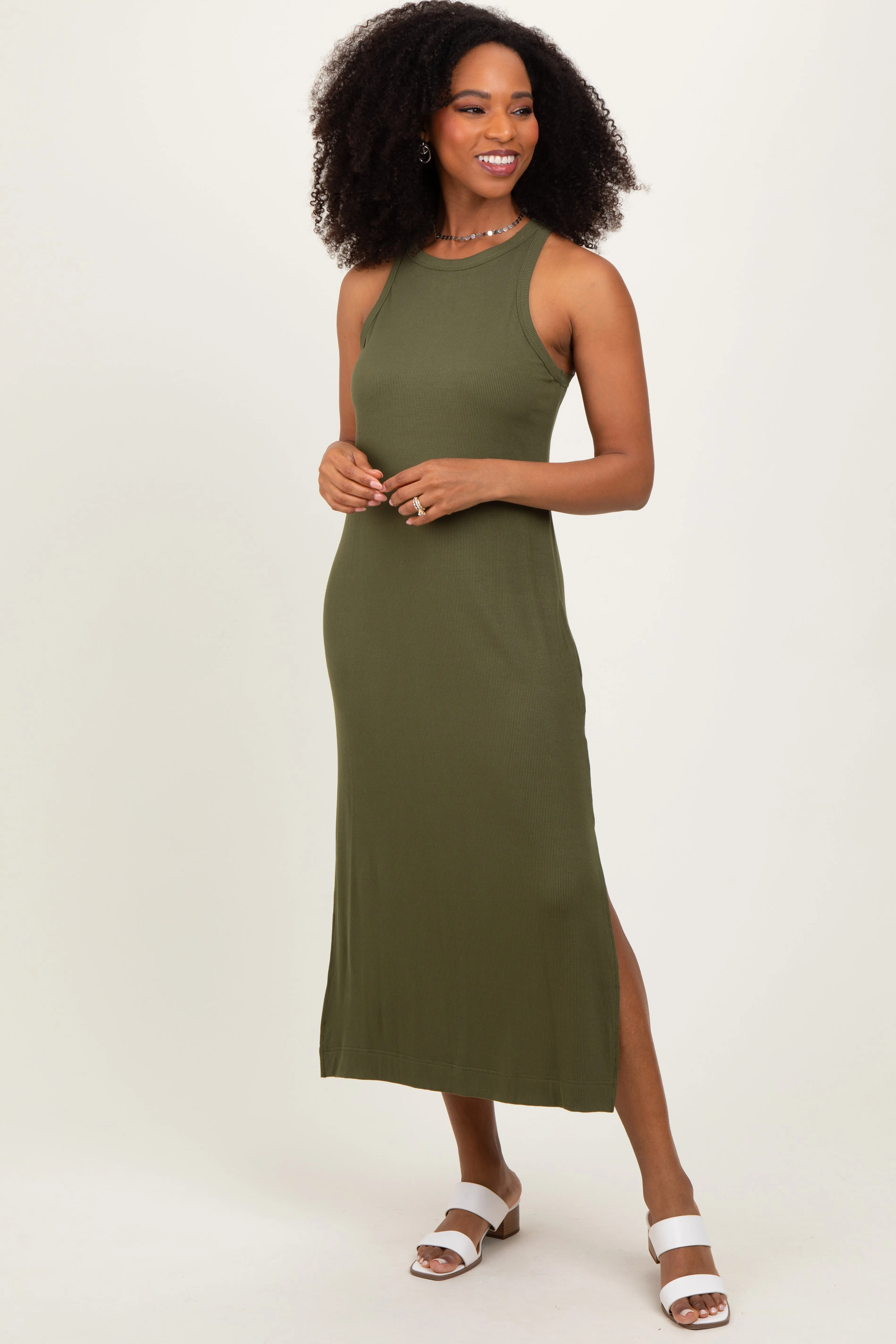 Olive Sleeveless Side Slit Maternity Midi Dress sold by Pinkblush product image thumbnail 5