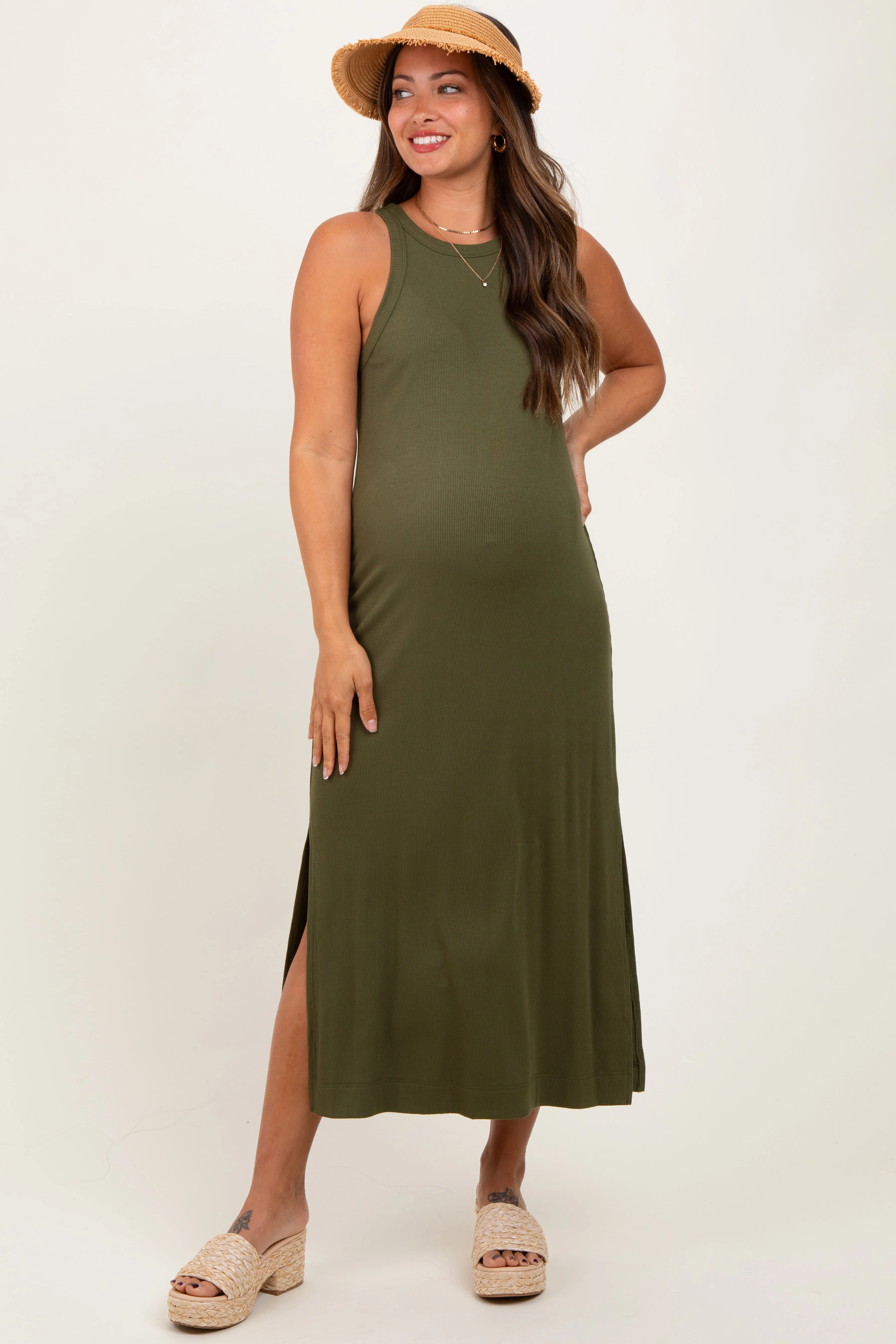 Olive Sleeveless Side Slit Maternity Midi Dress sold by Pinkblush product image thumbnail 2