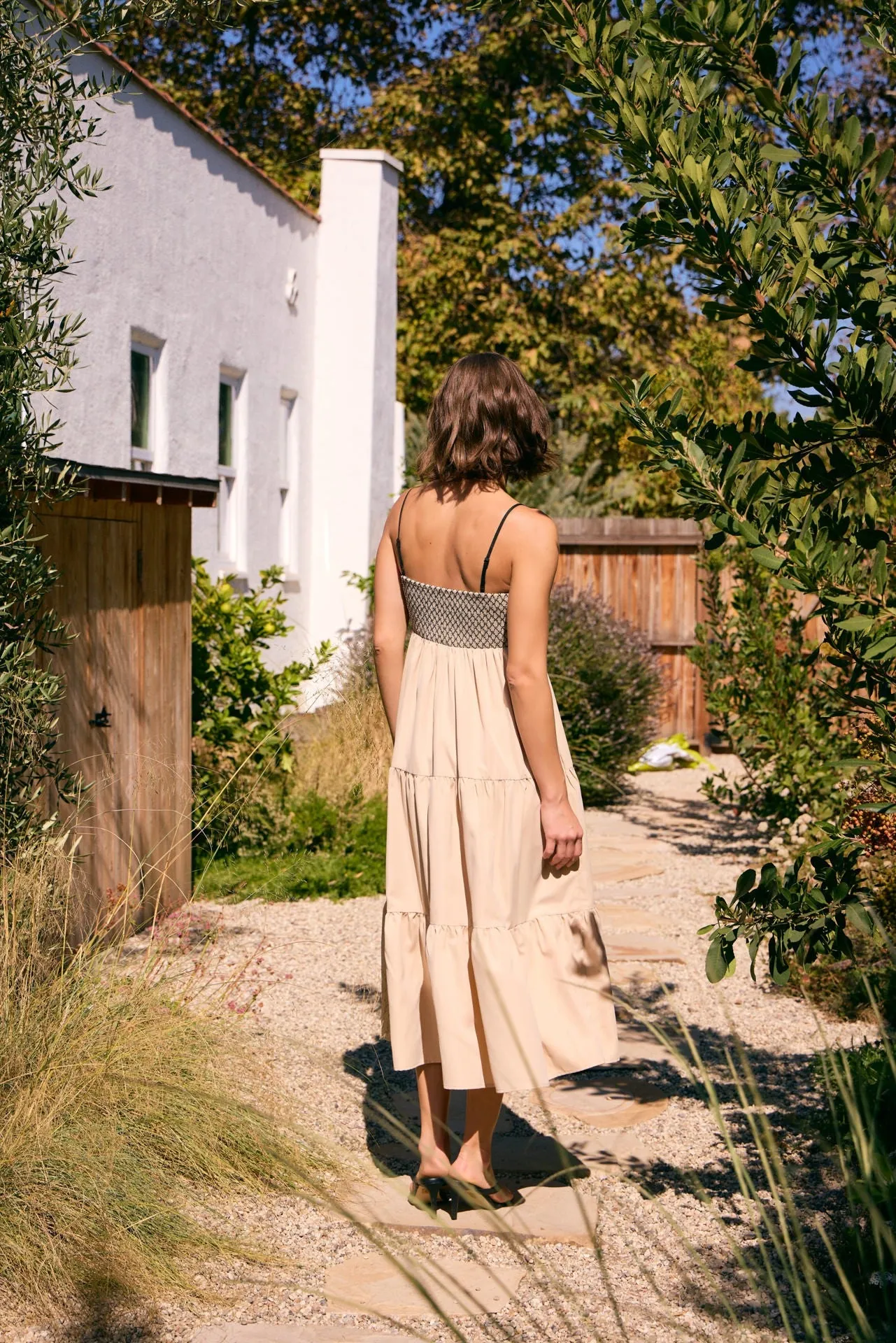 Beige Lace Up Smocked Bodice Tiered Midi Dress sold by Pinkblush product image thumbnail 5