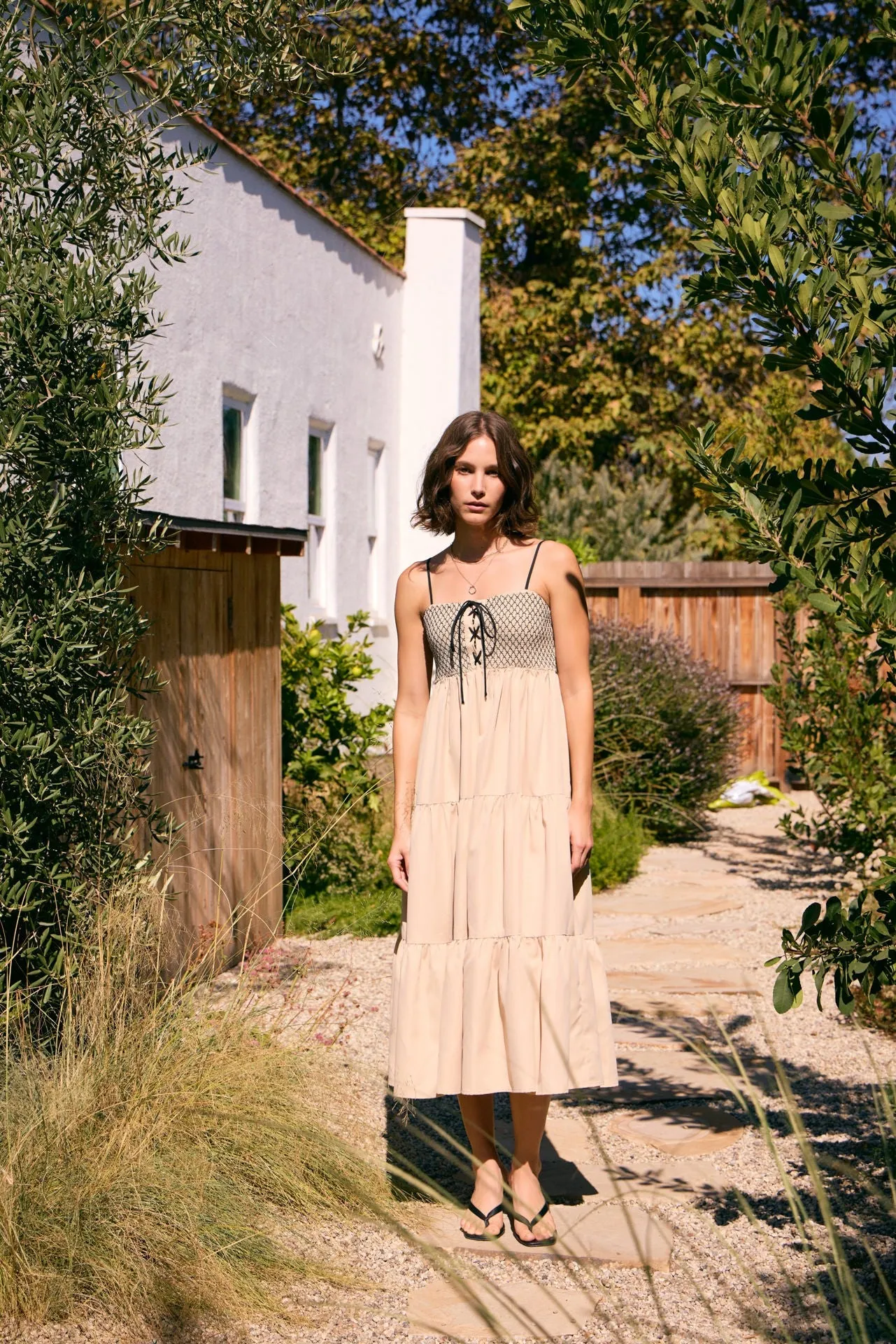 Beige Lace Up Smocked Bodice Tiered Midi Dress sold by Pinkblush product image thumbnail 2