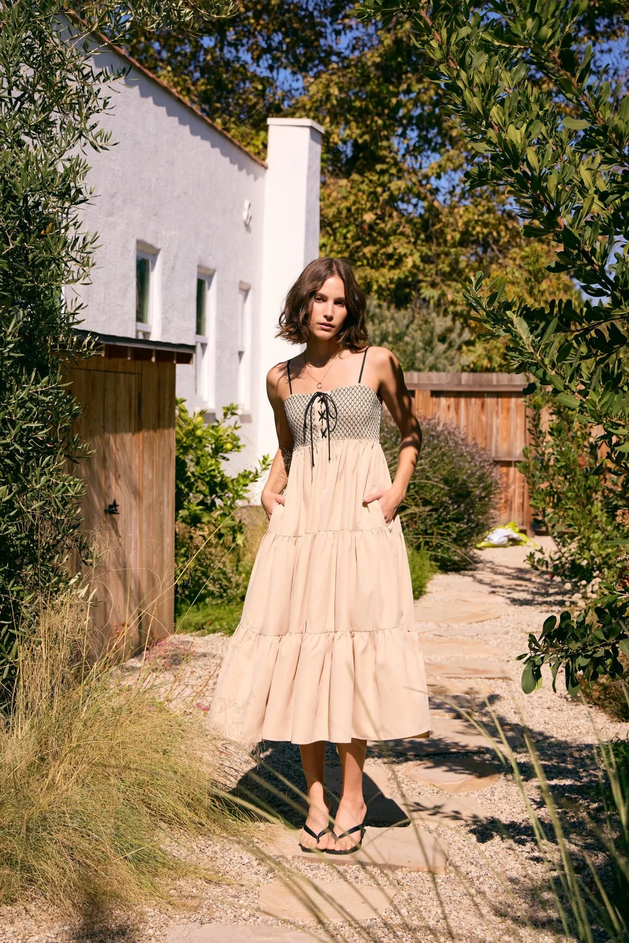 Beige Lace Up Smocked Bodice Tiered Midi Dress sold by Pinkblush product image thumbnail 3