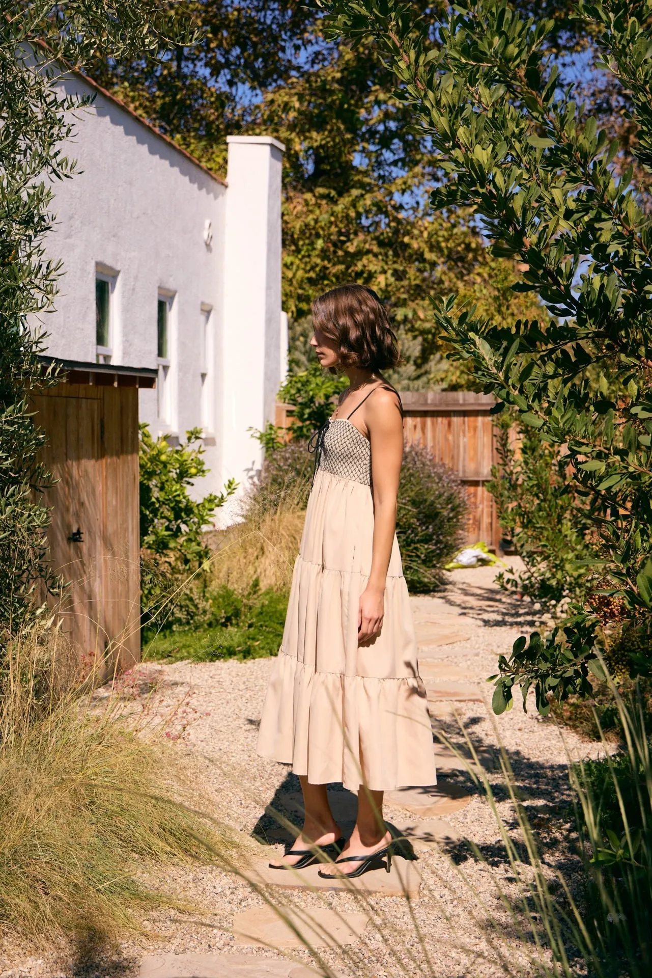 Beige Lace Up Smocked Bodice Tiered Midi Dress sold by Pinkblush product image thumbnail 4