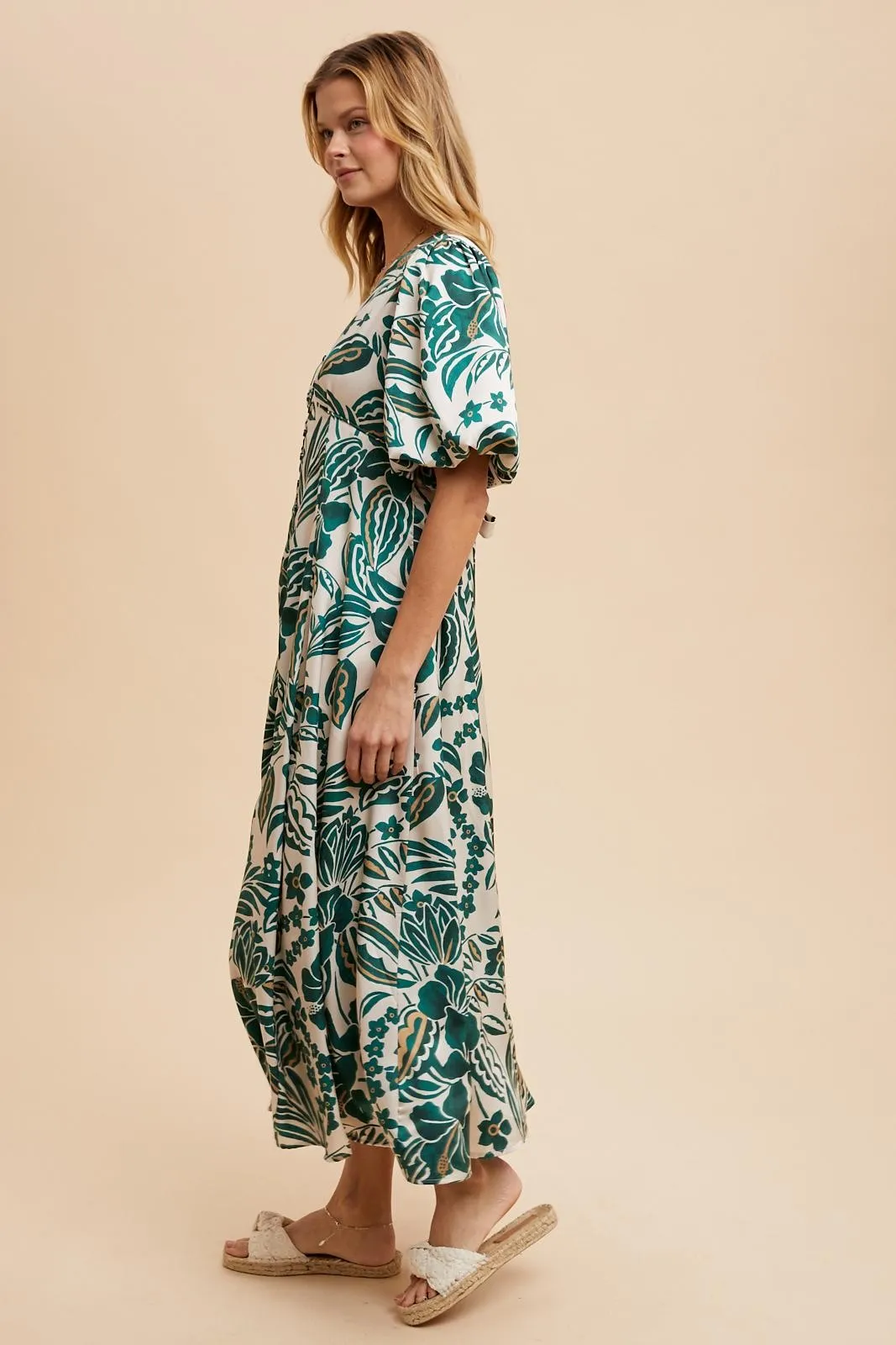 Green Palm Resort Print Satin Floral Button Maxi Dress sold by Pinkblush product image thumbnail 3