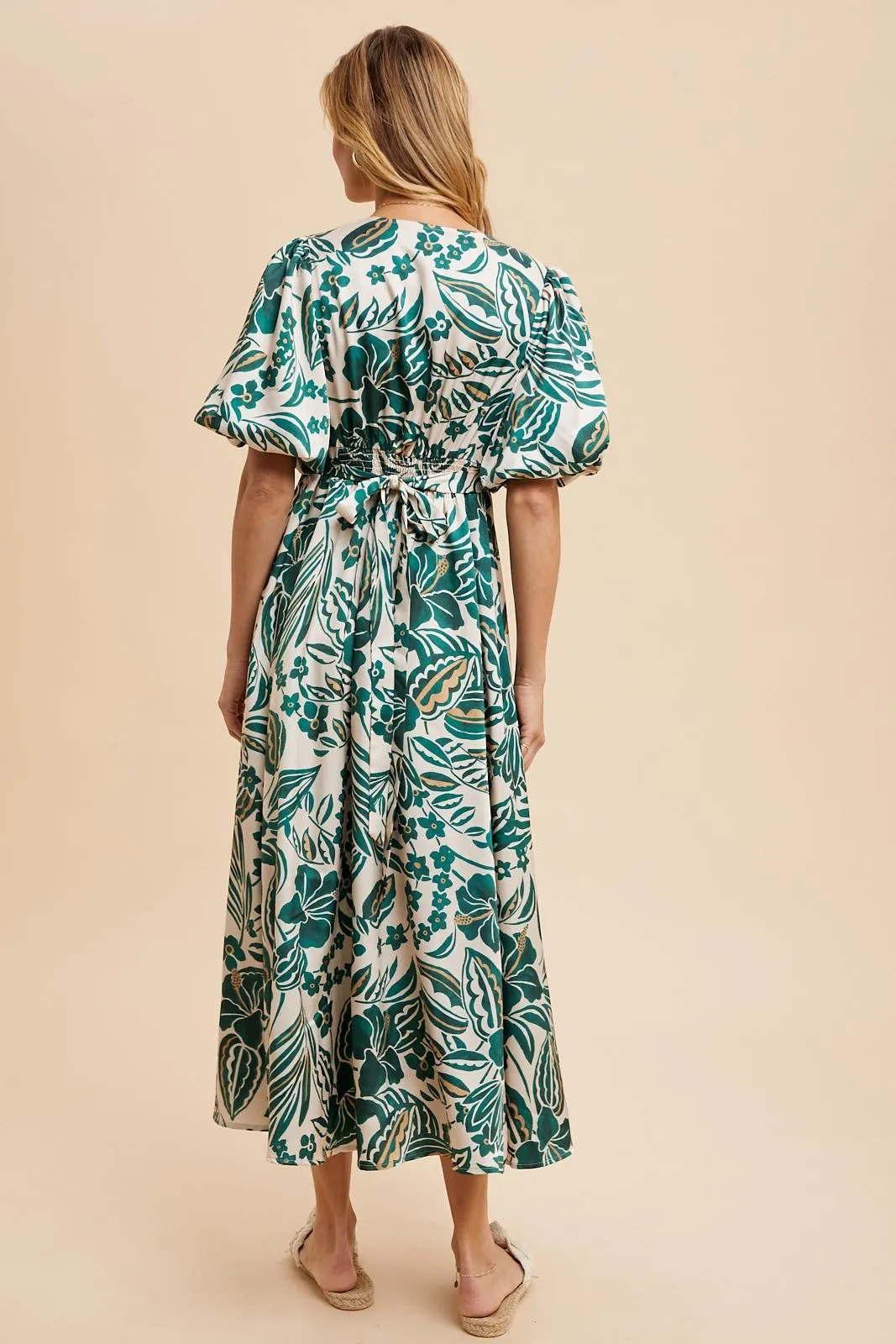 Green Palm Resort Print Satin Floral Button Maxi Dress sold by Pinkblush product image thumbnail 4