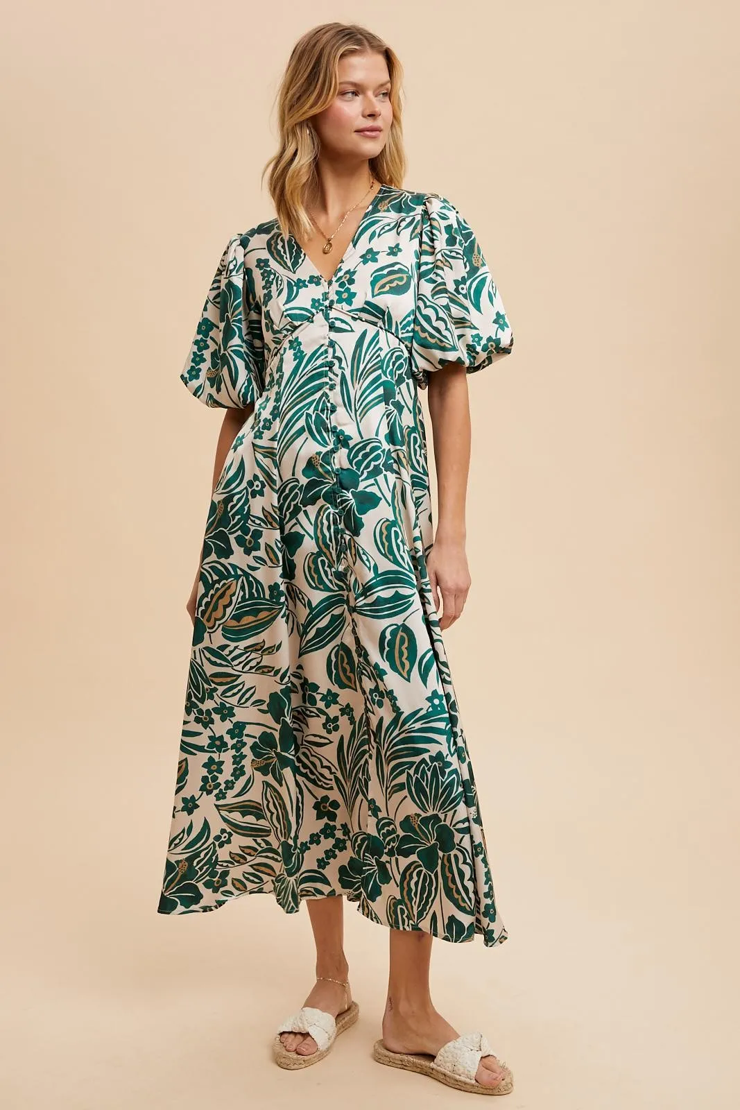 Green Palm Resort Print Satin Floral Button Maxi Dress sold by Pinkblush