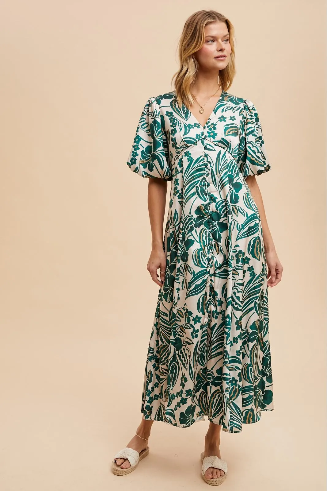 Green Palm Resort Print Satin Floral Button Maxi Dress sold by Pinkblush product image thumbnail 2