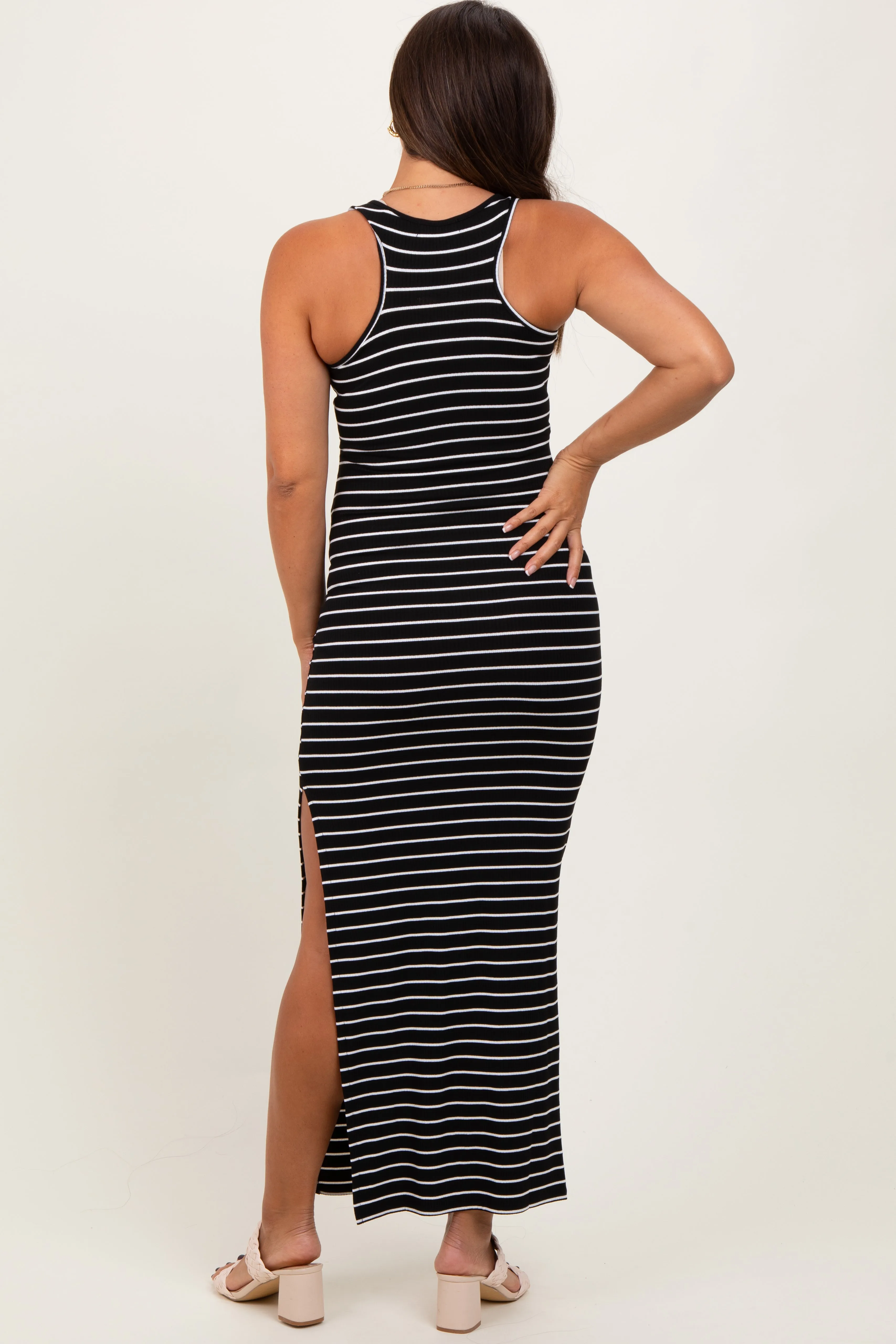 Black Ivory Striped Side Slit Maternity Maxi Dress sold by Pinkblush product image thumbnail 4