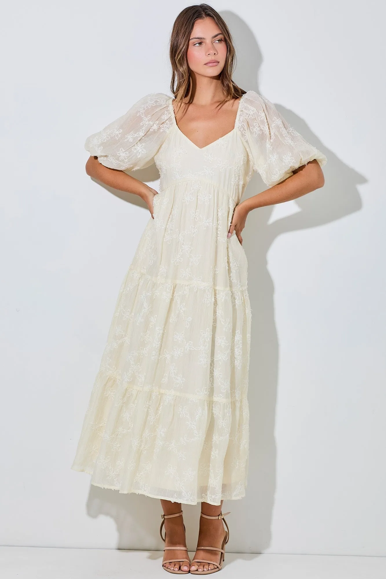 Ivory Embroidered Floral Overlay Midi Dress sold by Pinkblush