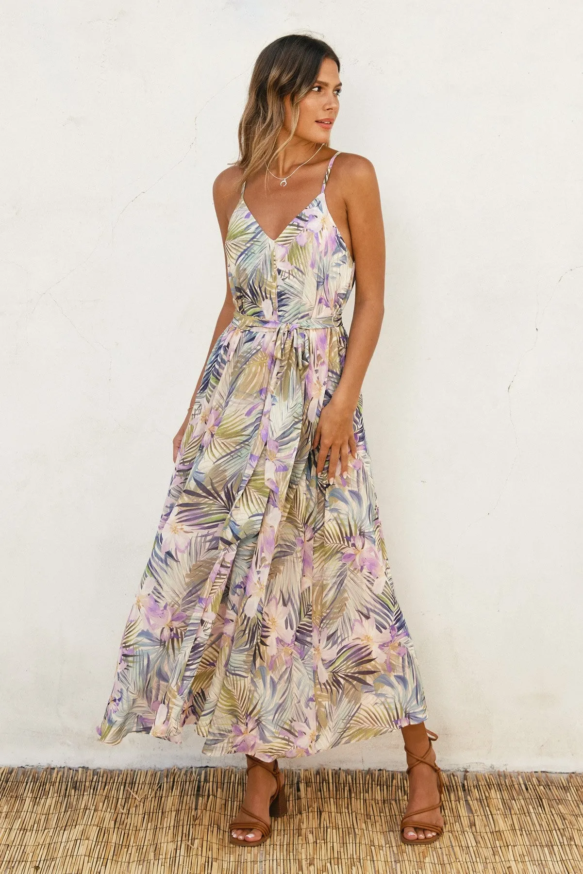Lavender Tropical Floral Sash Tie Maxi Dress sold by Pinkblush