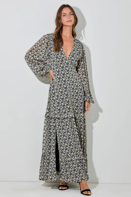 Black Floral Chiffon V-Neck Ruffle Tiered Maxi Dress sold by Pinkblush