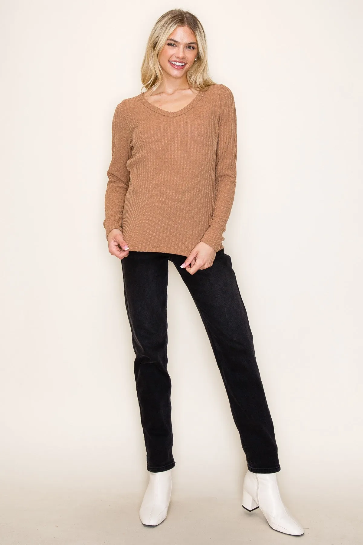 Camel Ribbed V-Neck Long Sleeve Top sold by Pinkblush product image thumbnail 5