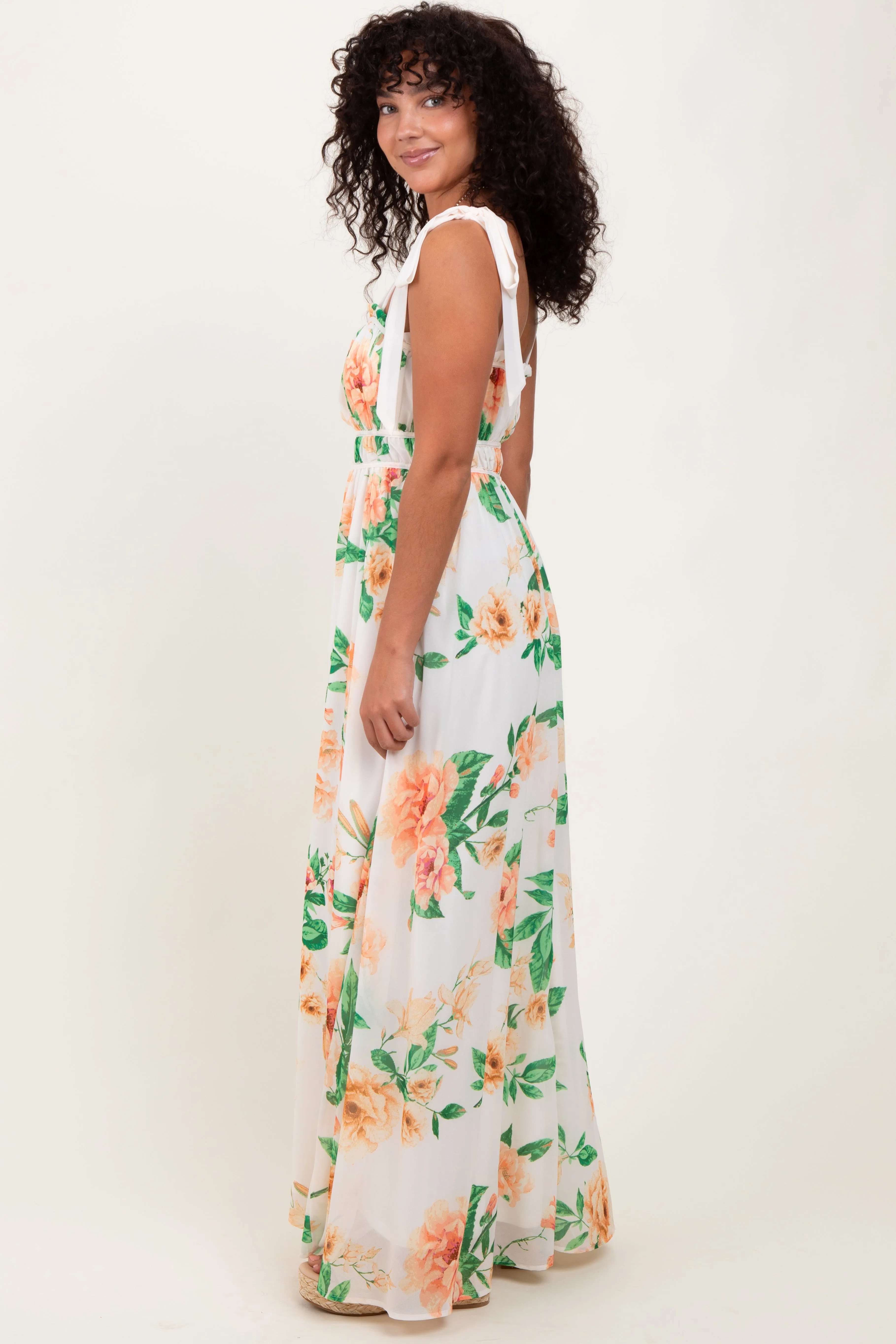 Peach Tropical Floral Shoulder Tie Maxi Dress sold by Pinkblush product image thumbnail 3