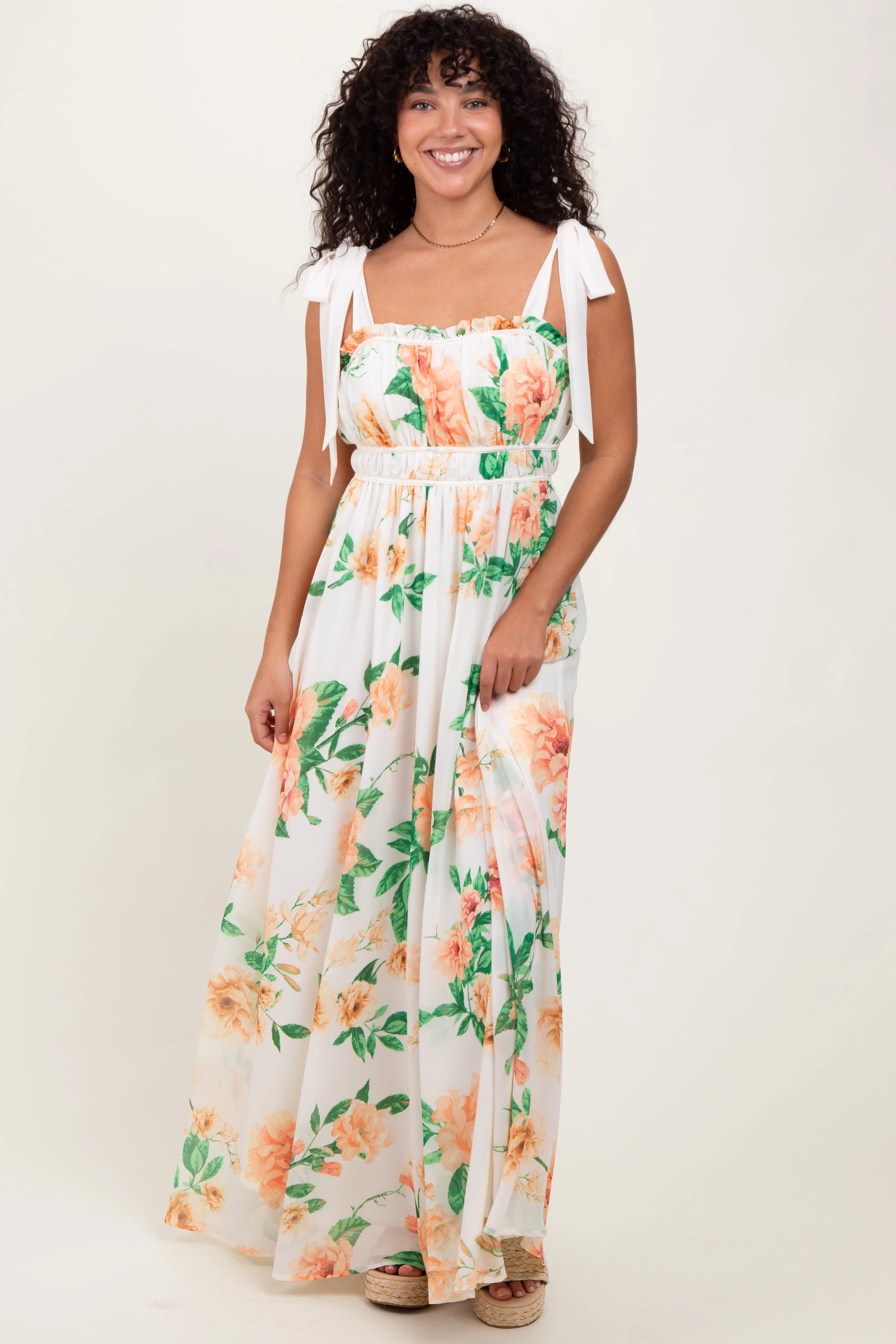 Peach Tropical Floral Shoulder Tie Maxi Dress sold by Pinkblush