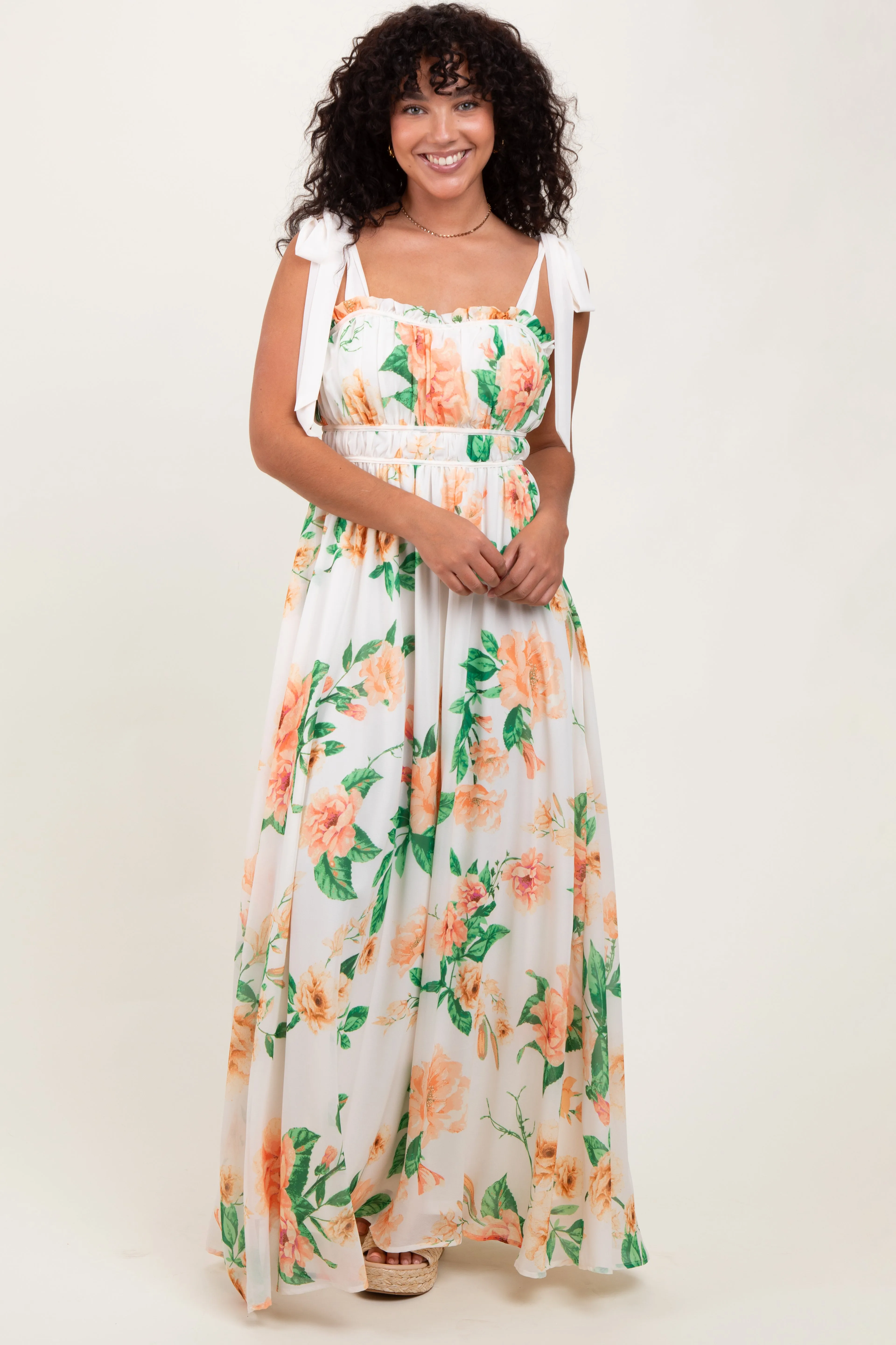 Peach Tropical Floral Shoulder Tie Maxi Dress sold by Pinkblush product image thumbnail 2