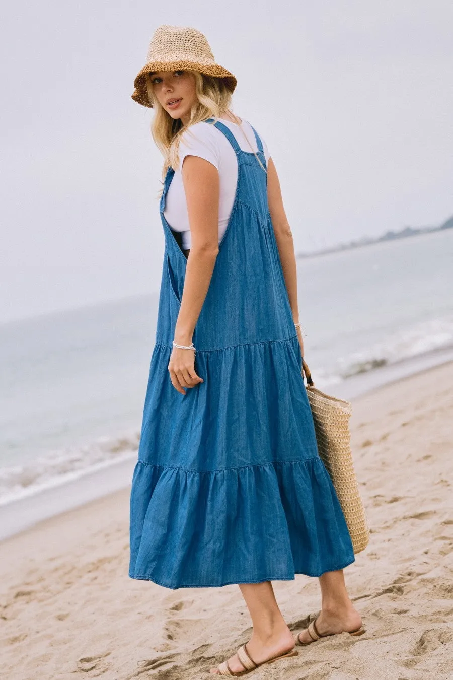 Blue Chambray Overall Tiered Midi Dress sold by Pinkblush product image thumbnail 5