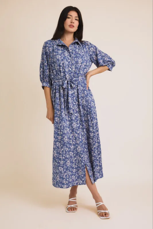 Blue Floral Button Down 3/4 Sleeve Maxi Dress sold by Pinkblush