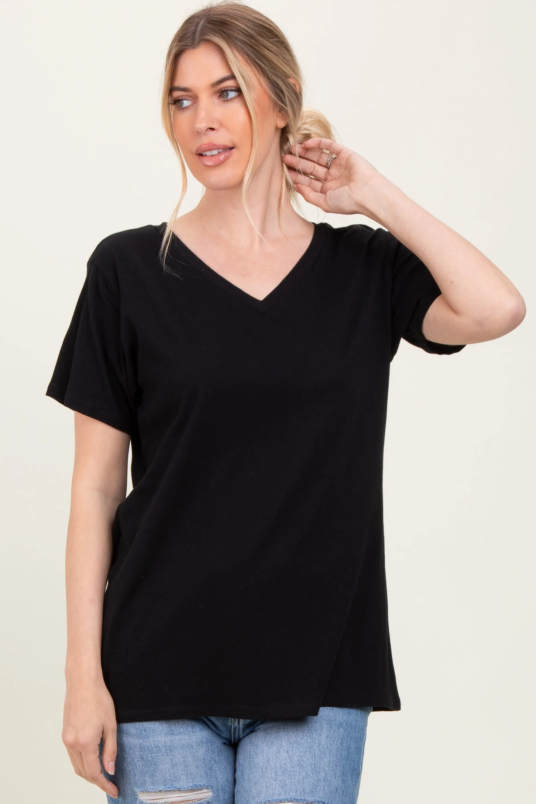 Black Oversized V-Neck Short Sleeve Tee sold by Pinkblush