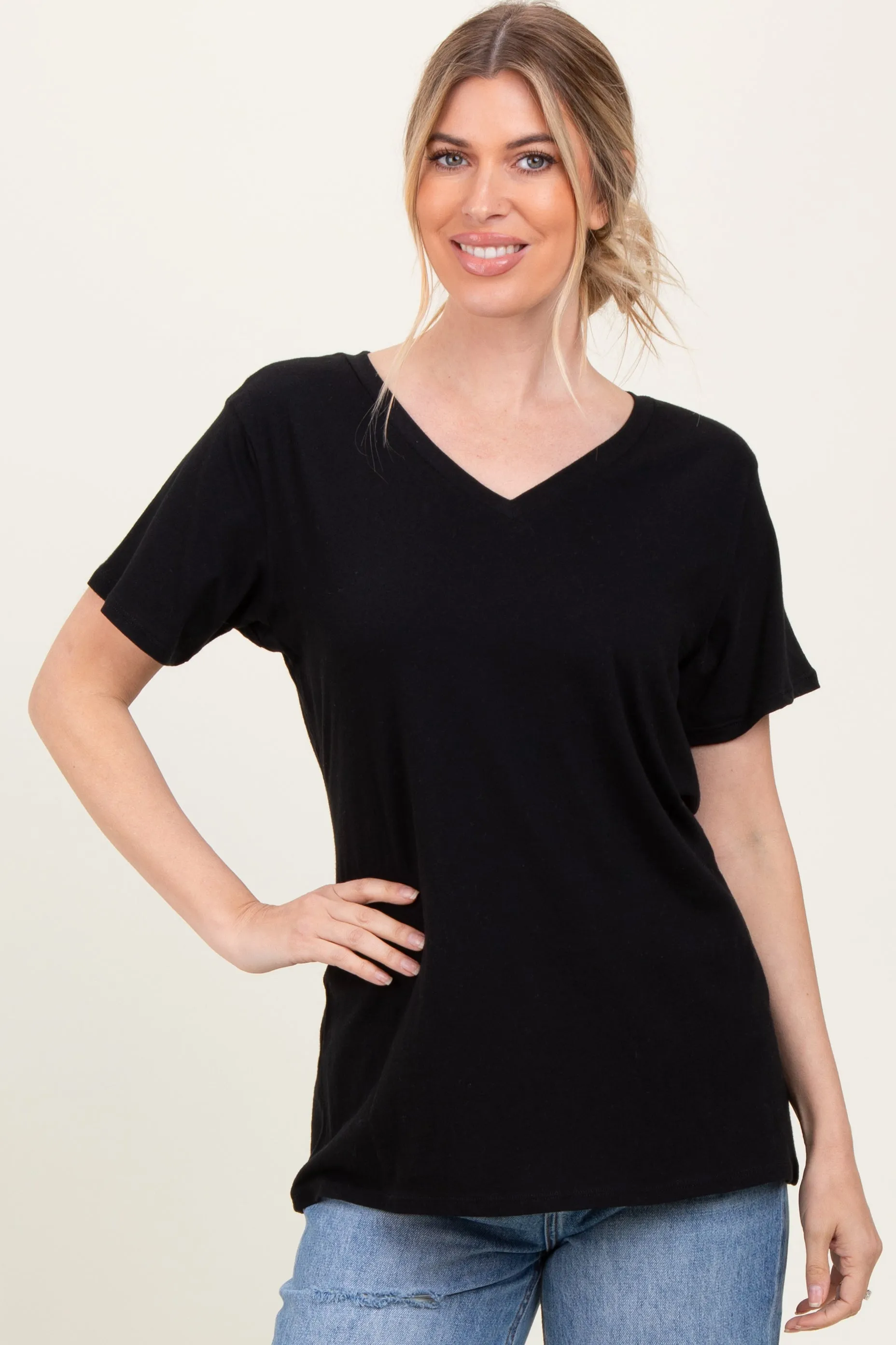 Black Oversized V-Neck Short Sleeve Tee sold by Pinkblush product image thumbnail 2
