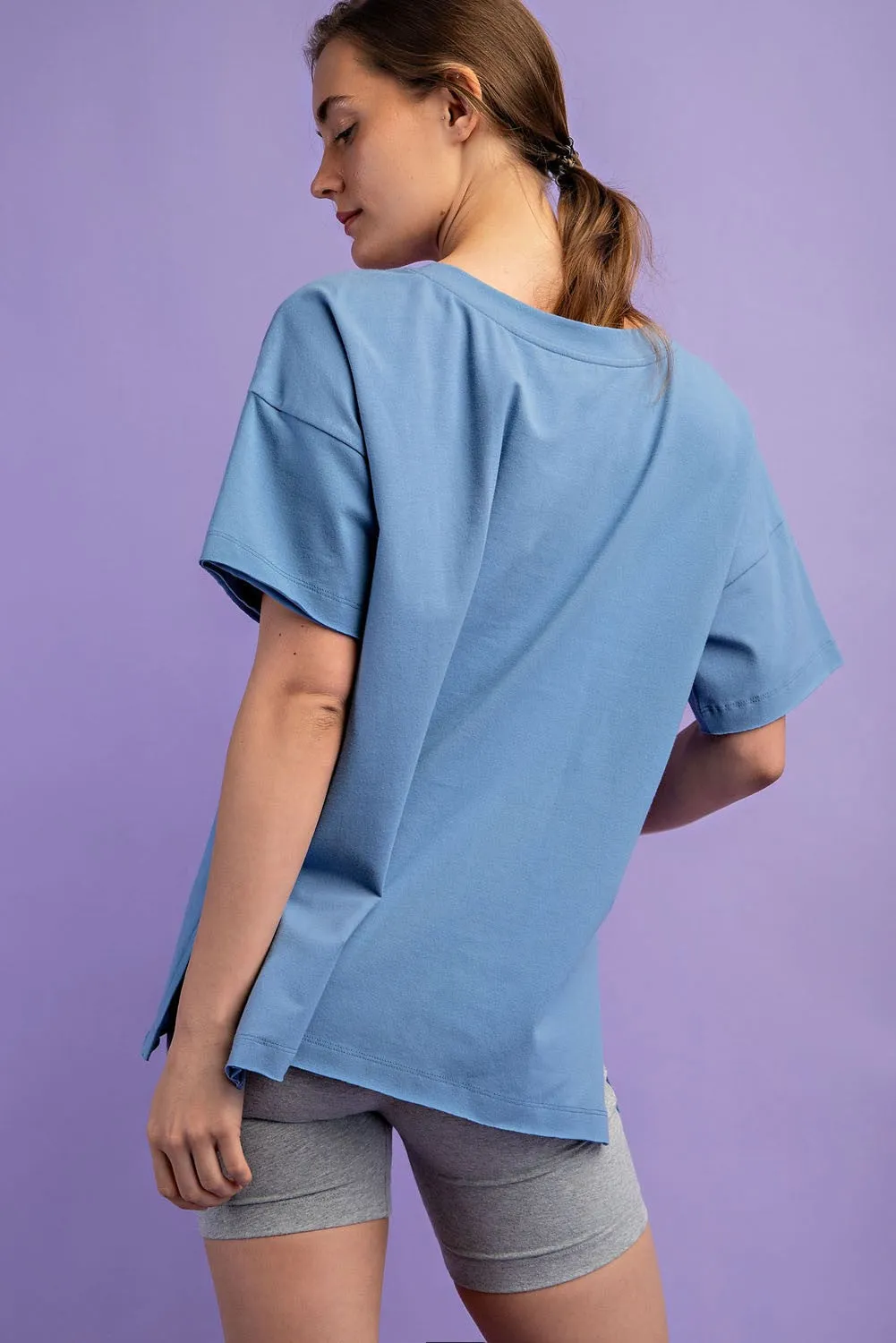 Blue Oversized V-Neck Side Slit Tee sold by Pinkblush product image thumbnail 3