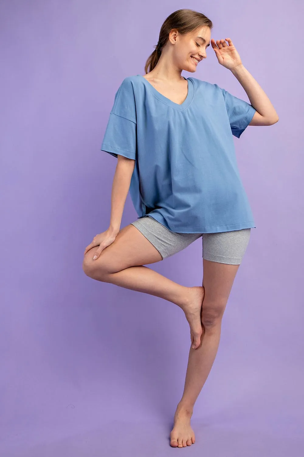 Blue Oversized V-Neck Side Slit Tee sold by Pinkblush product image thumbnail 4