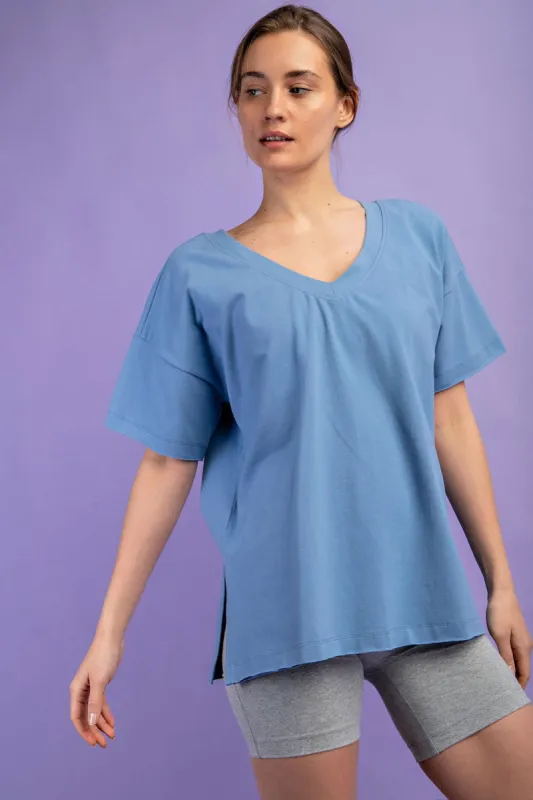 Blue Oversized V-Neck Side Slit Tee sold by Pinkblush