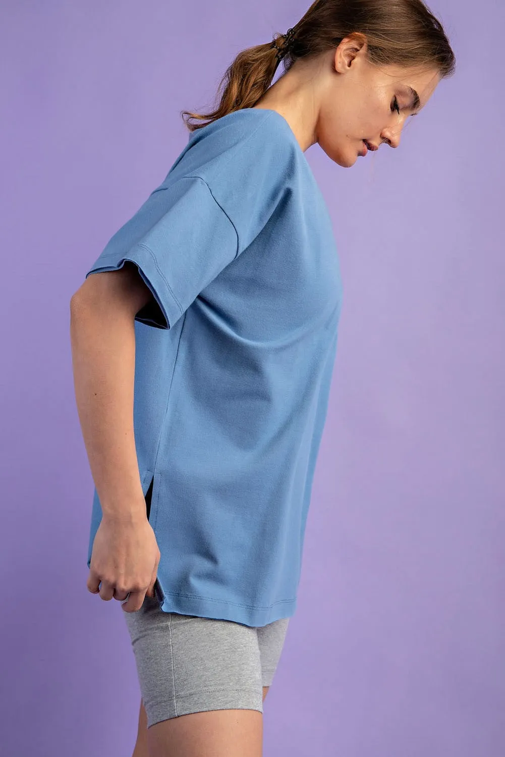 Blue Oversized V-Neck Side Slit Tee sold by Pinkblush product image thumbnail 2
