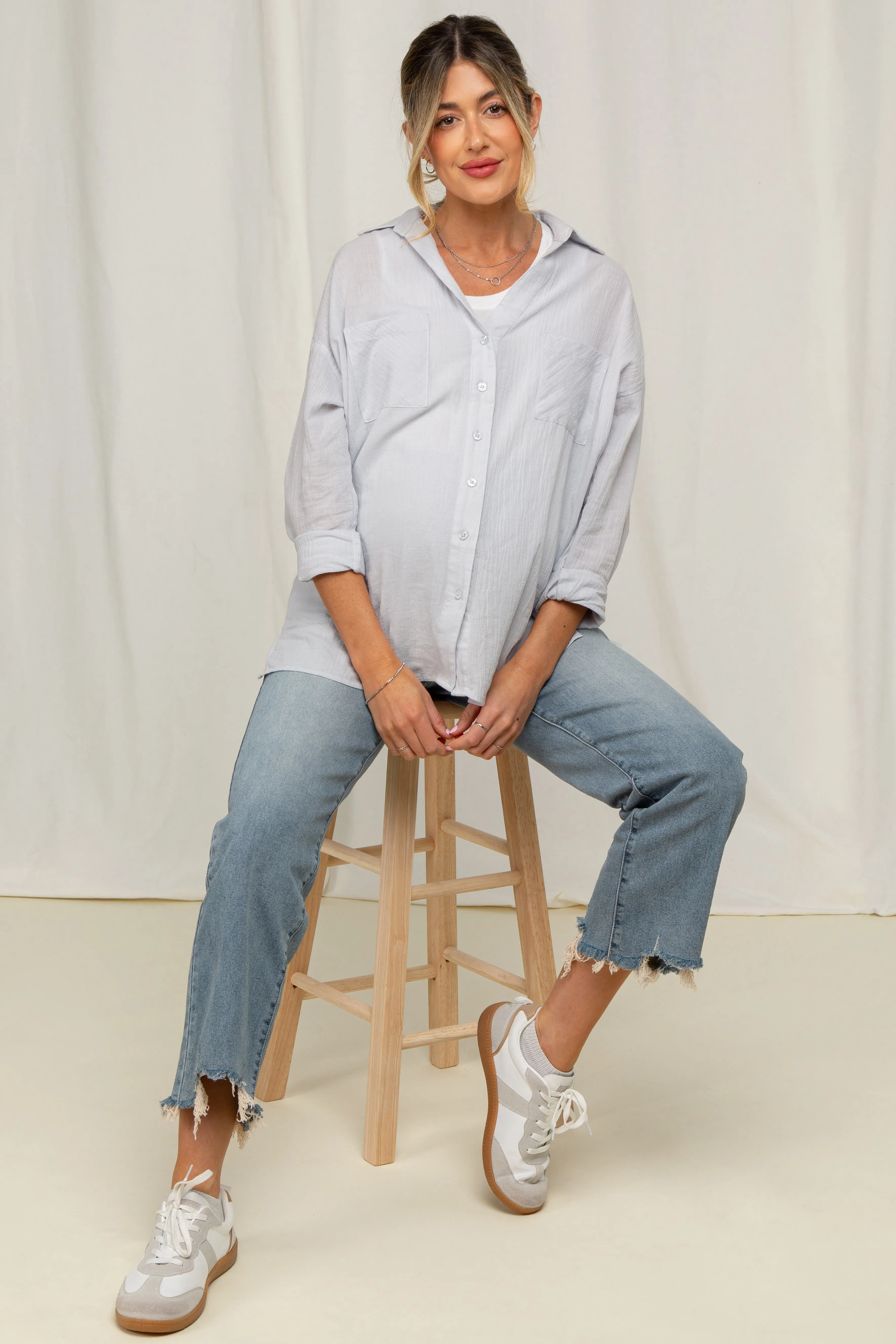 Light Grey Cotton Gauze Oversized Maternity Button Down Shirt sold by Pinkblush