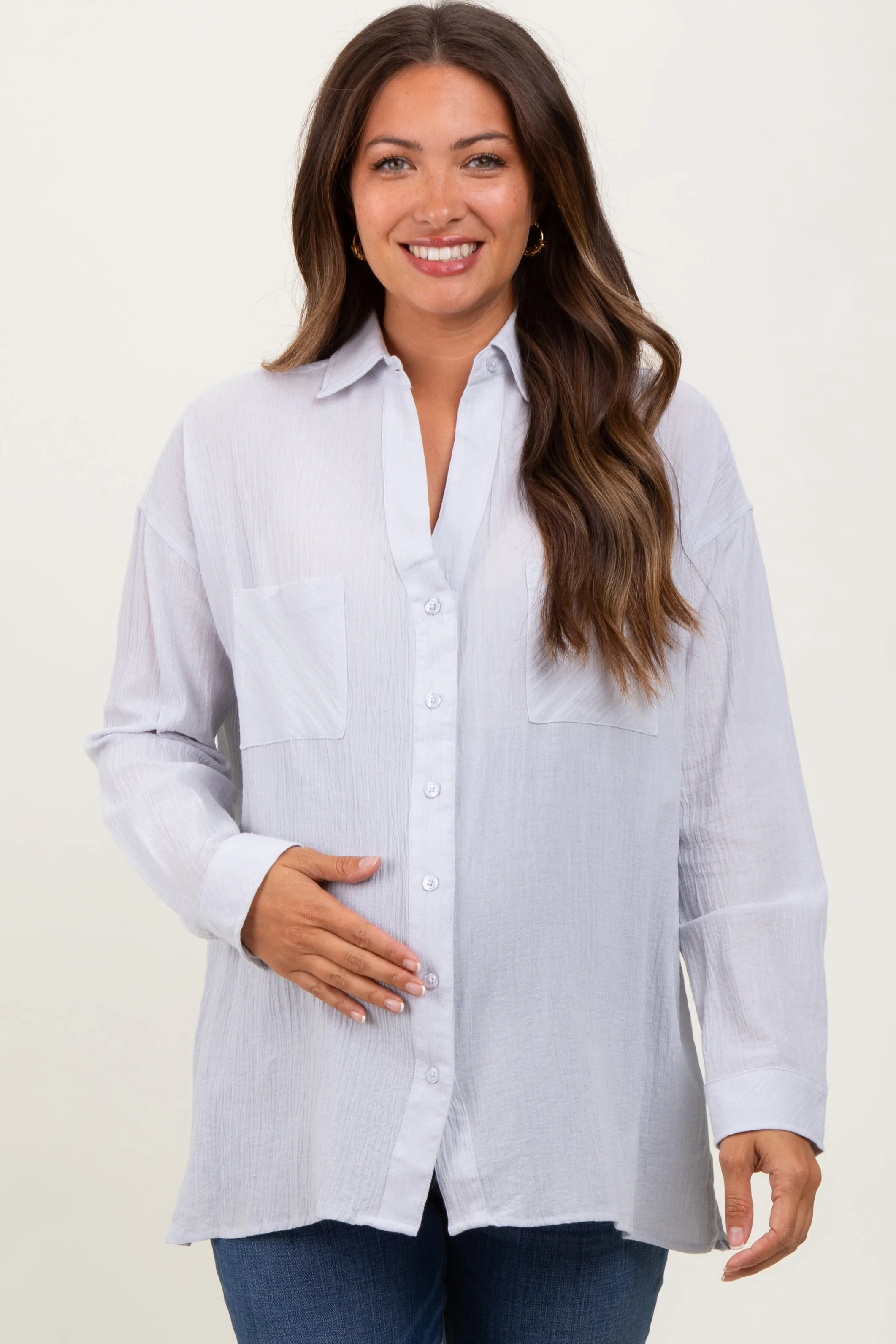 Light Grey Cotton Gauze Oversized Maternity Button Down Shirt sold by Pinkblush product image thumbnail 2