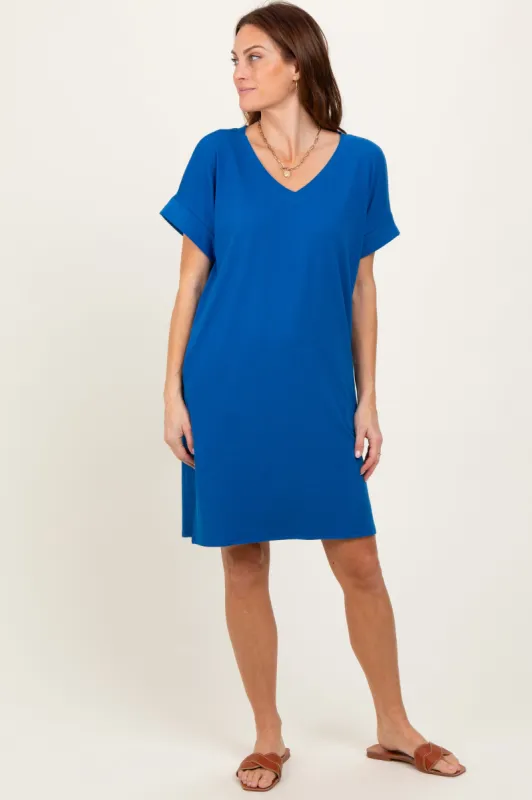 Royal Blue Brushed Rolled Short Sleeve V-Neck Dress sold by Pinkblush